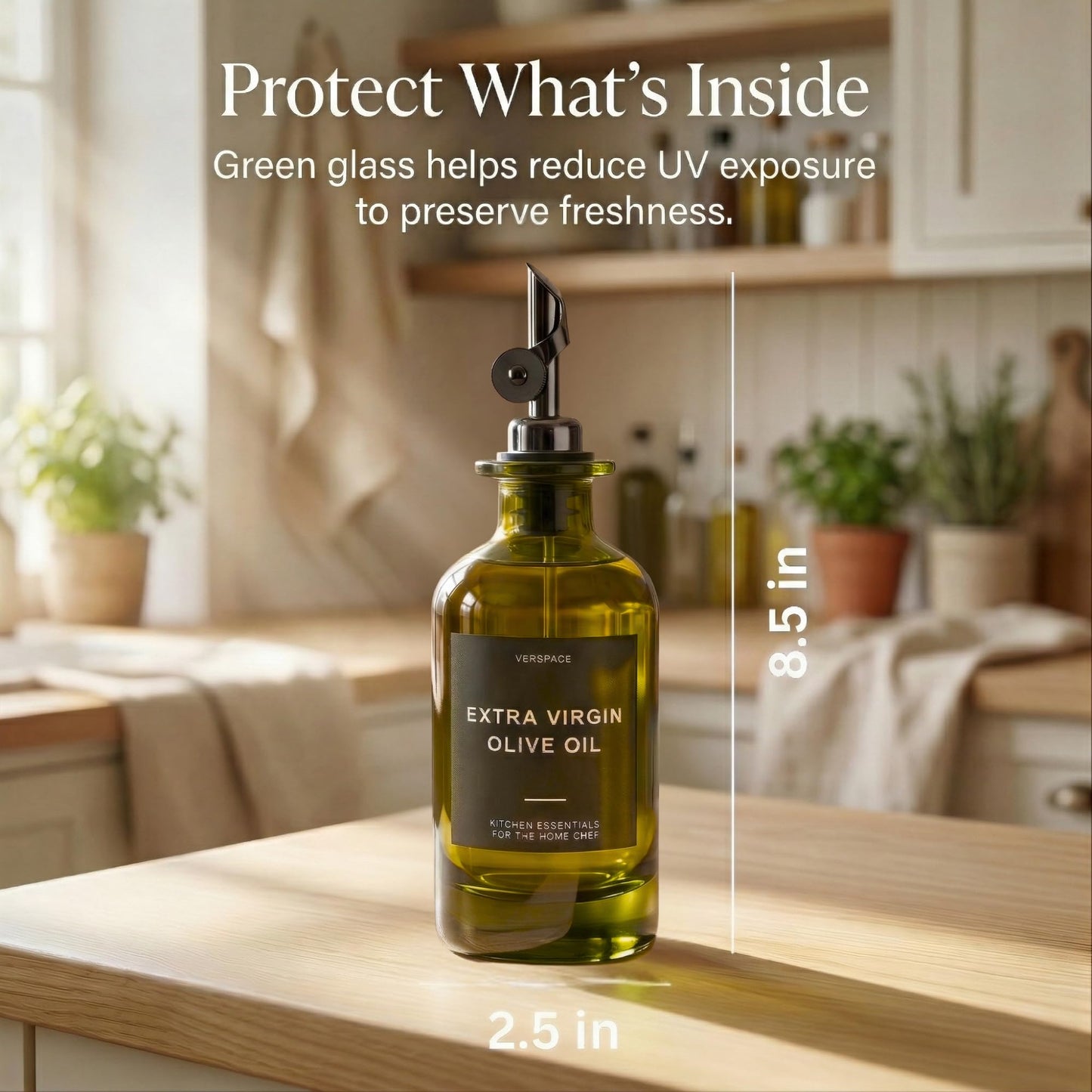 Verspace UV-Protected Green Glass Olive Oil Dispenser Bottles For Kitchen - 2 Pack - 12oz Includes 40 Kitchen Essential Labels, Avocado Oil Dispenser Set, Modern Decor for Home, Airbnb, Cafe
