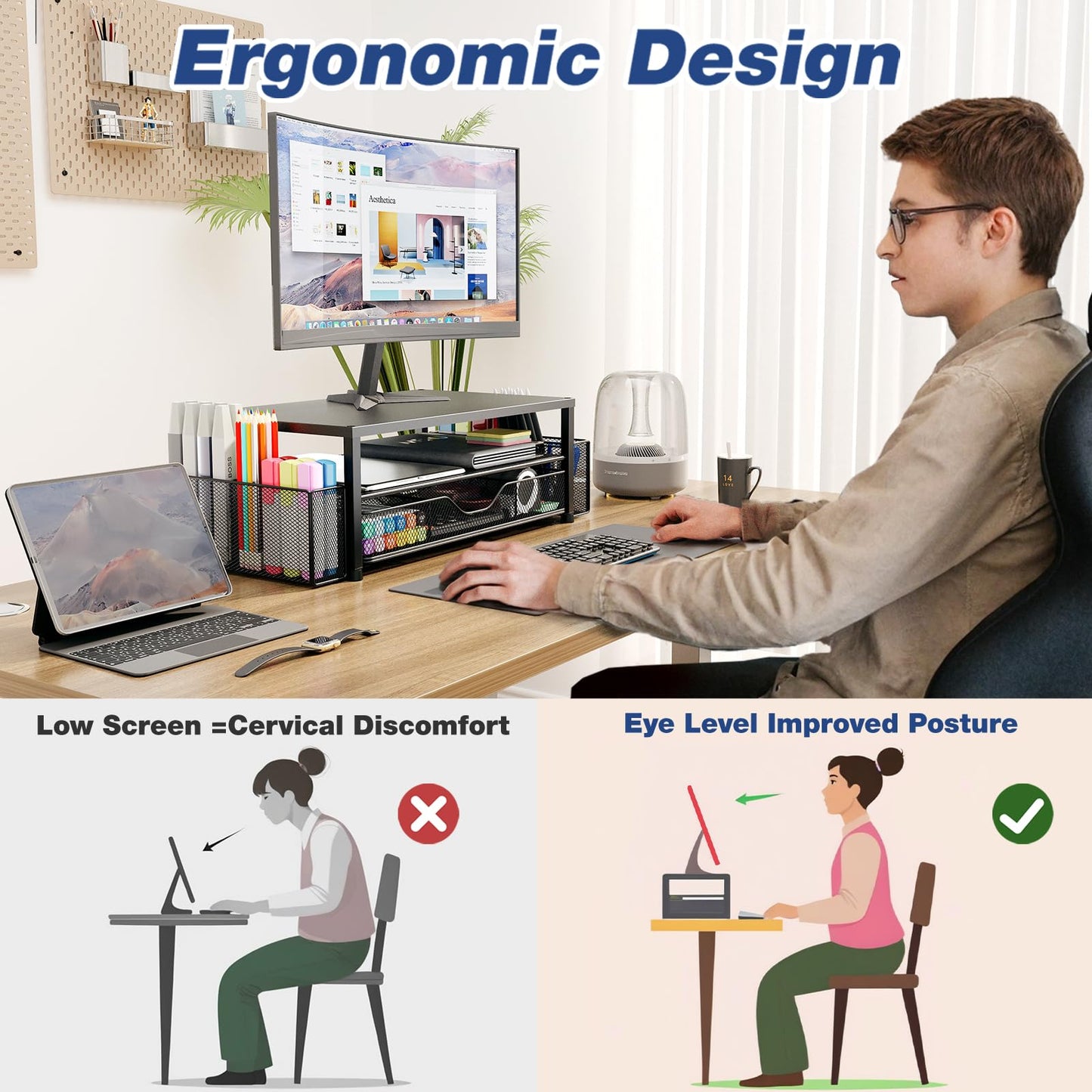 OPNICE Desk Organizer and Accessories, 2-Tier Computer Monitor Stand Riser with Drawer and 2 Pen Holders, Laptop Stand, Office Desk Accessories for Office Supplies, Black 2-Pack