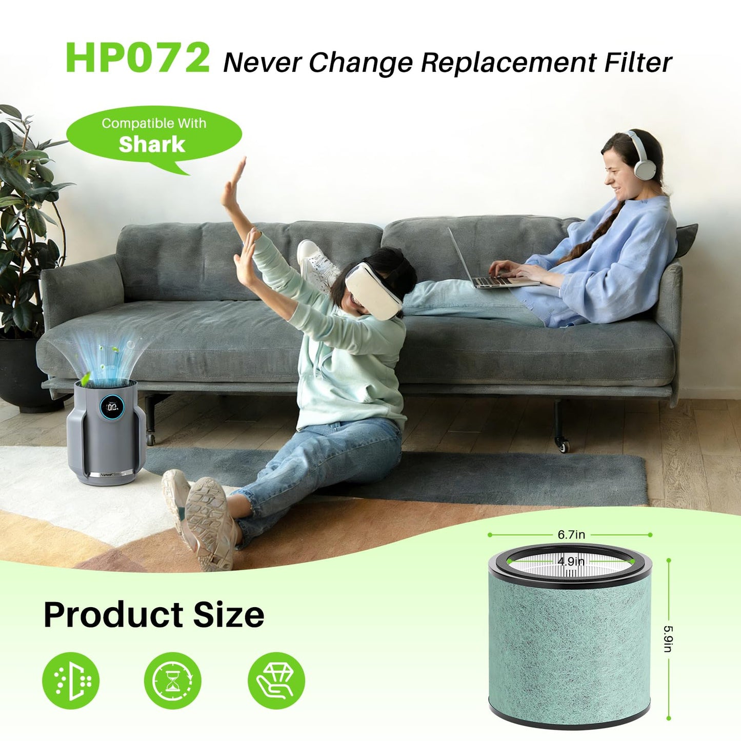 2 Pack HP072 Replacement filter Compatible with Shark HP071BRN HP072 HP070 NeverChange Air Purifier Compact Pro, 3-layer Efficiency Air Filtration, Petpro,Green