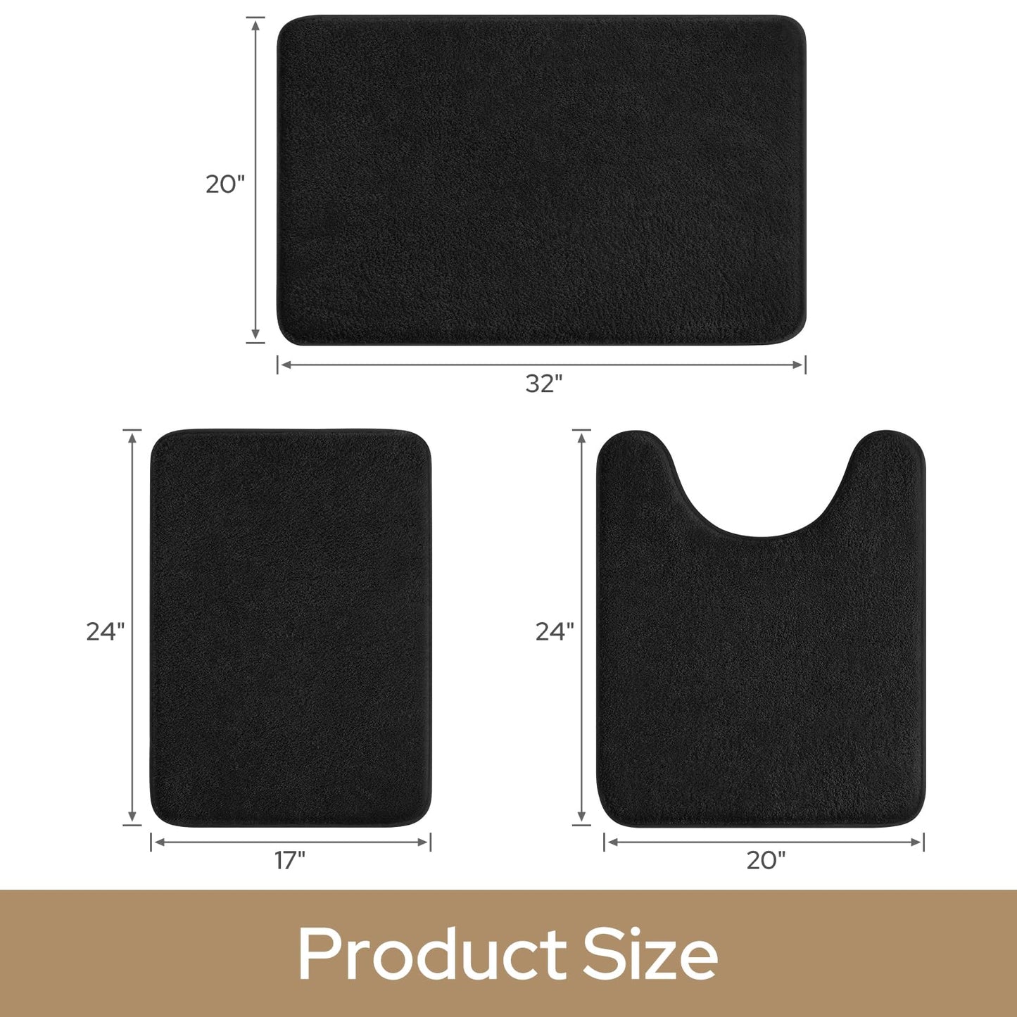 HOMEIDEAS Upgraded Bathroom Rugs Set 3 Piece, Extra Thick Absorbent Soft Memory Foam, Washable Toilet Bath Mat (Black,17"x24"+20"x32"+U Shape 20"x24")