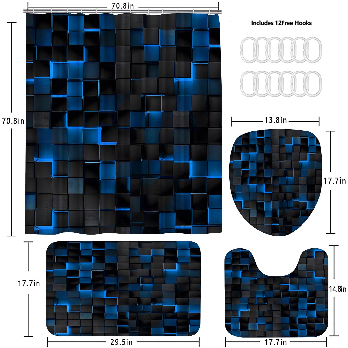 LQCOOL 4Pcs Blue Shower Curtain Set 3D Cubes Bathroom Sets Modern Shower Curtain Set for Bathroom Sets with Rugs Black and Blue Shower Curtain with 12 Hooks