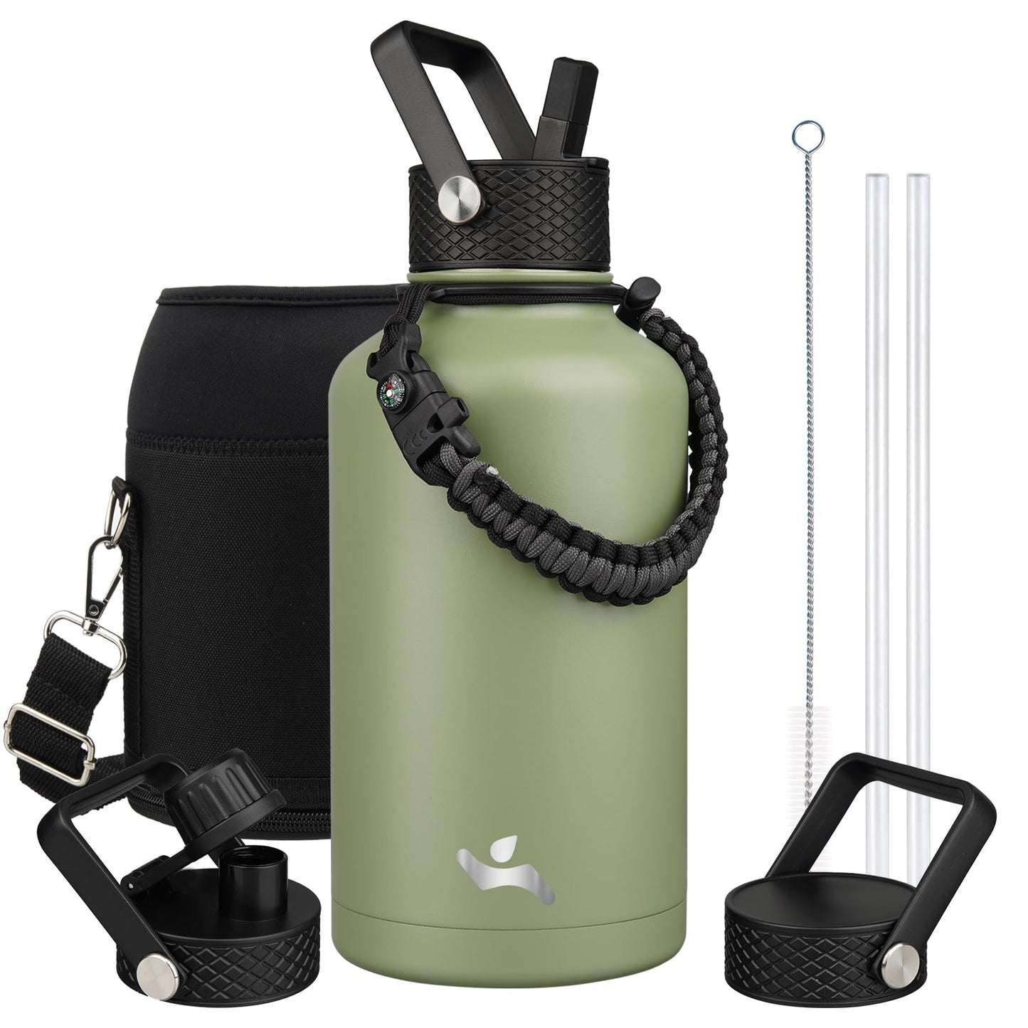 Konokyo Half Gallon Insulated Water Bottle with Straw,64 oz 3 Lids Water Jug with Carrying Bag,Paracord Handle, Double Wall Vacuum Stainless Steel Metal Flask,Camp Green