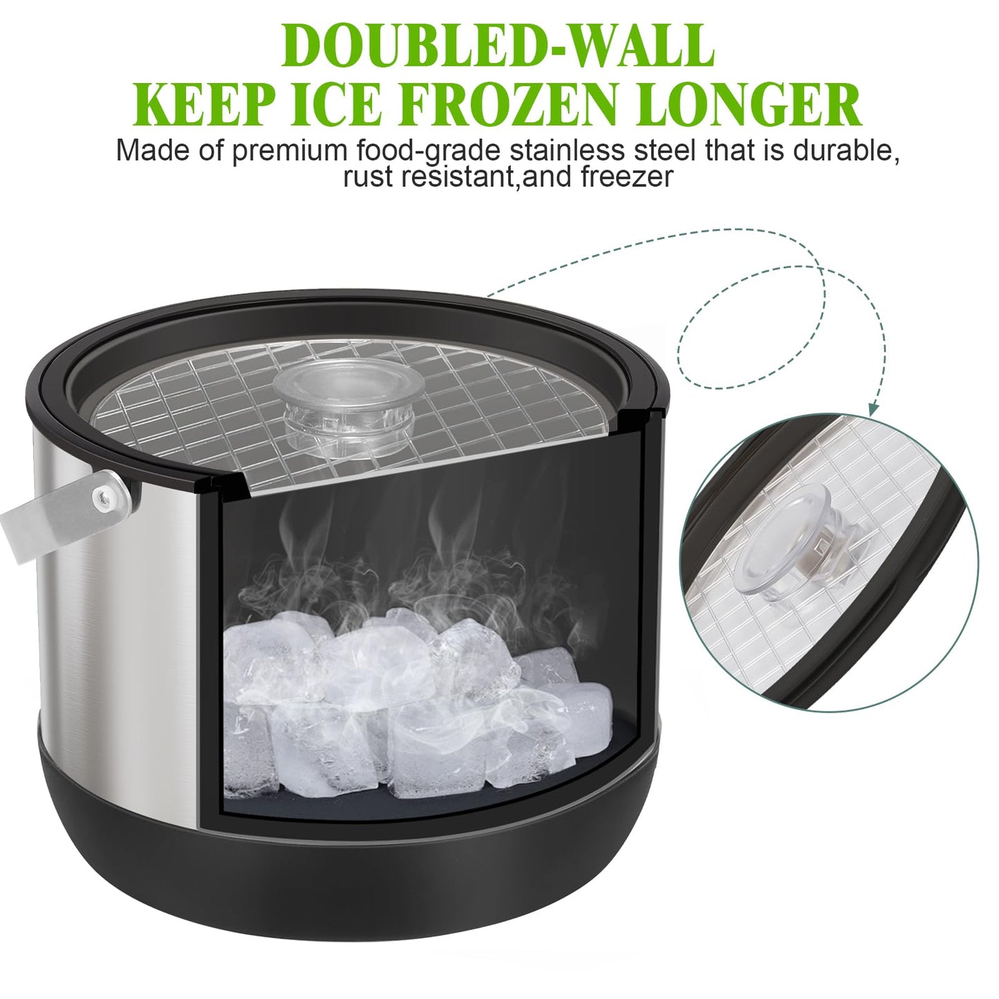 FiveHome 5QT/4.8L Insulated Ice Bucket for Parties, Large Capacity Double-Wall Beverage Bucket with Scoop & Lid for Champagne, Wine, Cocktail (Black)