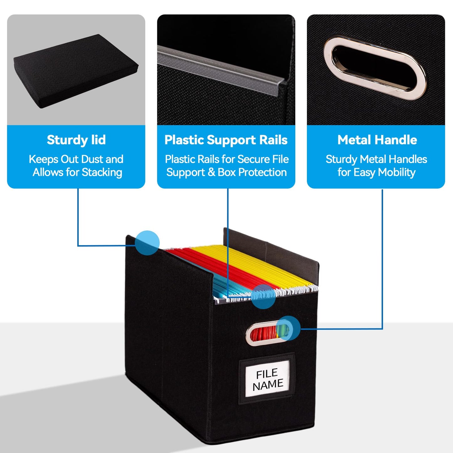 ComfortKeeper 4 Pack Hanging File Folders Organizer with Lid, Letter Size Fabric File Storage Box Collapsible, Portable Office Document Holder with Metal Handle, Smooth PVC Rails, Black