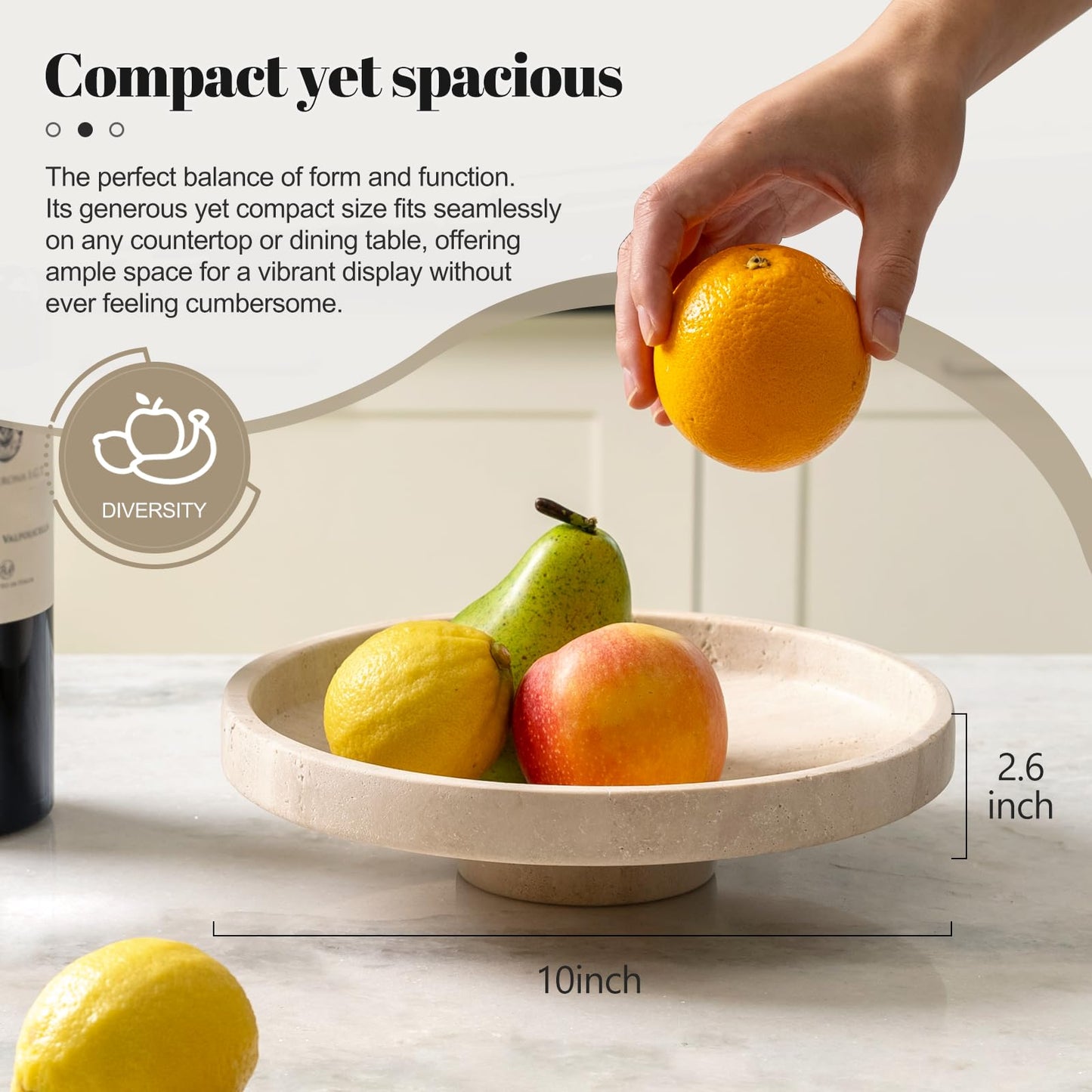Koville Natural Travertine Fruit Bowl for Kitchen Counter – Decorative Stone Serving Decorative Bowl for Vegetables, Foods and Home Decor Centerpiece