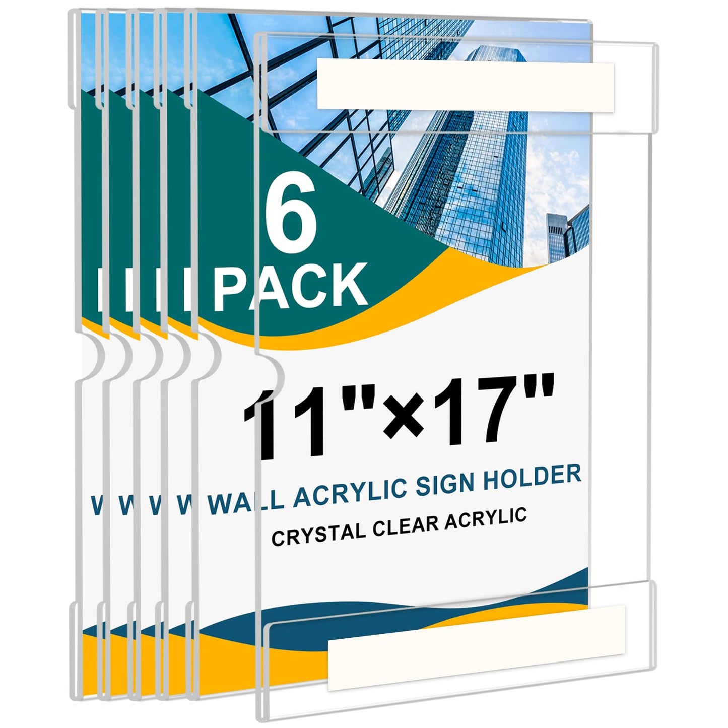 Acrylic Sign Holder 11 x 17 inches Wall Mount, 6 Pack Adhesive Vertical Wall Sign Holders Clear Acrylic Frames with 3M Double Sided Tape Clear Plastic Poster Holder for Office, Hospital, Restaurant, Trade Shows - No Drilling