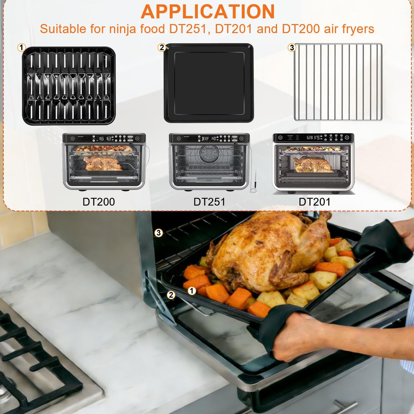GWBSXM 3PCS Air Fryer Set for Ninja Foodi DT251 DT201 DT200 Digital Air Fryer Countertop Oven Accessories Sheet Pan, Roast Tray & Wire Rack Replacement Parts for Baking, Roasting, Dishwasher Safe