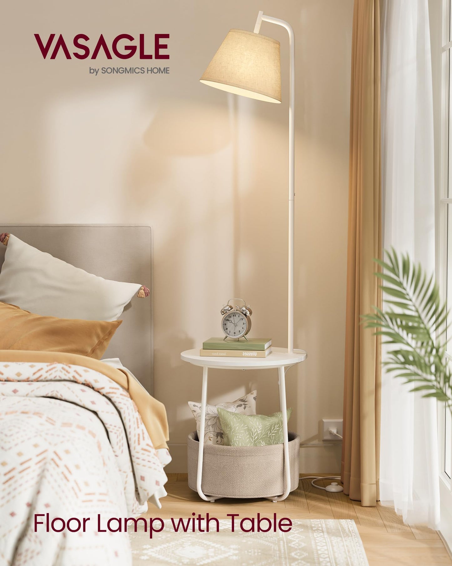 VASAGLE End Table with Lamp, 3-in-1 Floor Lamp with Table and Fabric Basket for Living Room, Tunable LED Bulb Included, Angle-Adjustable Lampshade, Matte White ULFL004WC01S