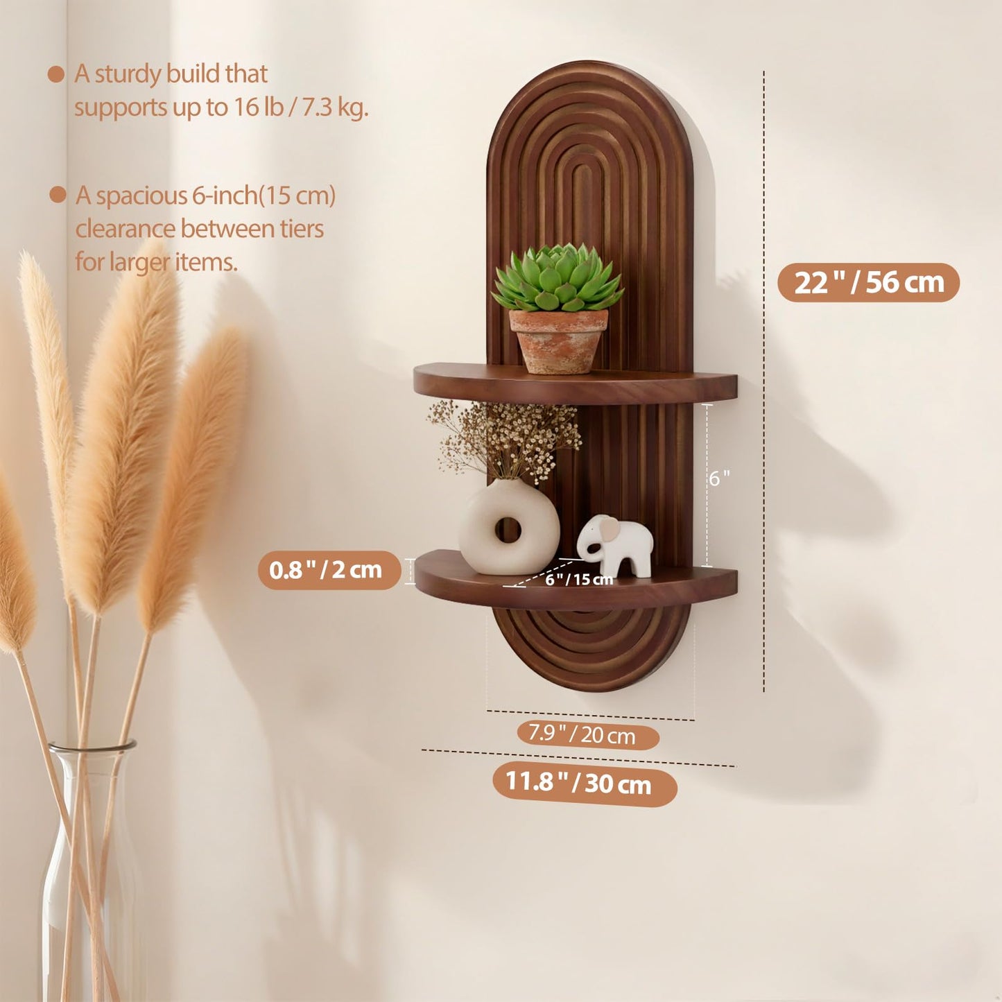 SweetSage Mordern Wall Shelf with Arched Mid Century Art Boho Decor Design Floating Shelves for Home Bedroom Living Room Farmhouse Display Wall Plant Holder Decoration, 22 x 11.8 Inch, Walnut