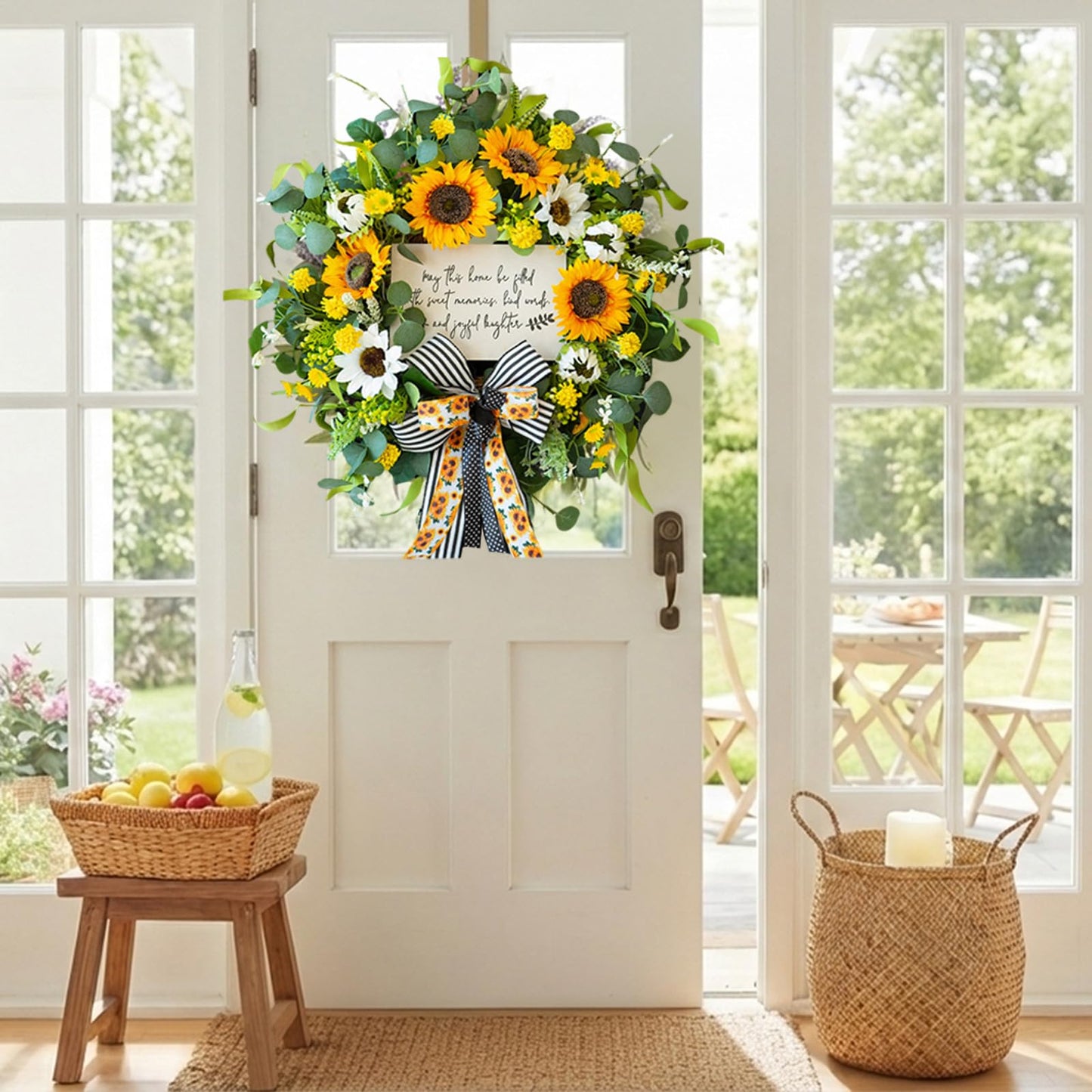 CHvista Spring Wreaths for Front Door 24 Inch Handmade Spring Summer Wreath with Artificial Sunflowers,Welcome Message Sign & Elegant Bow and White Yellow Daisy Wildflowers for Home,Porch&Gift Giving