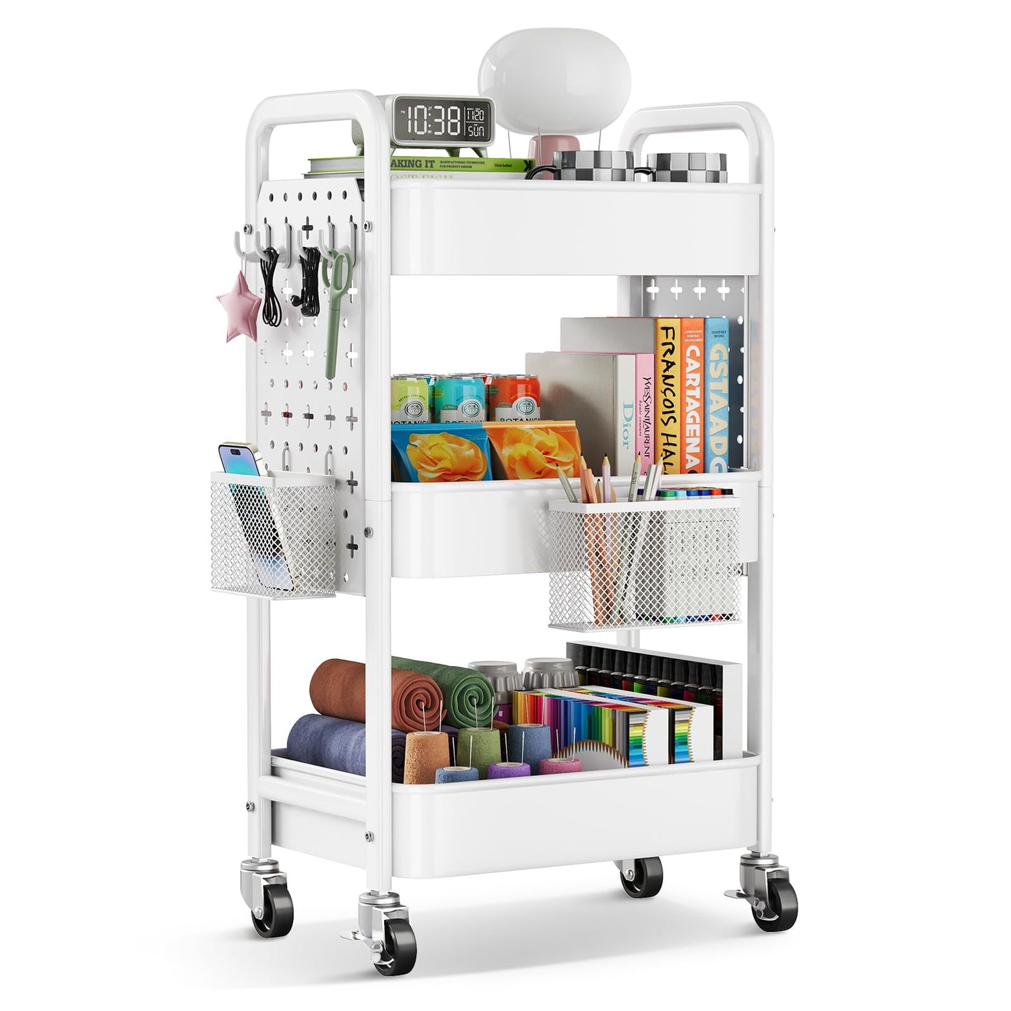 3 Tier Rolling Cart Metal with DIY Pegboard, White Rolling Cart on Wheels for Art Supply Organizer, Three Tiered Craft Organizers and Storage Cart, Utility Hobby Carts for Baby Diaper Caddy,Nail,Book