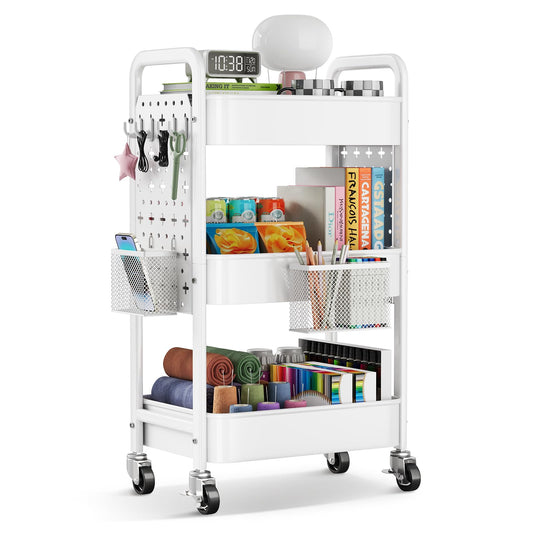 3 Tier Rolling Cart Metal with DIY Pegboard, White Rolling Cart on Wheels for Art Supply Organizer, Three Tiered Craft Organizers and Storage Cart, Utility Hobby Carts for Baby Diaper Caddy,Nail,Book