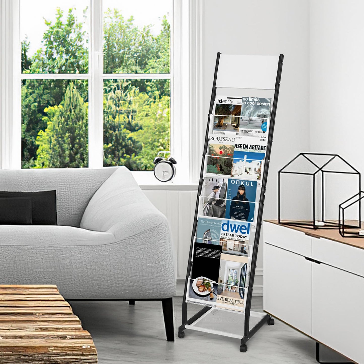 XIDIHF Floor Standing Magazine Holder with 5 Pockets, Journals, Brochure & Literature Display Holder for Trade Shows, Exhibitions, Office, and Shopping Malls, Black
