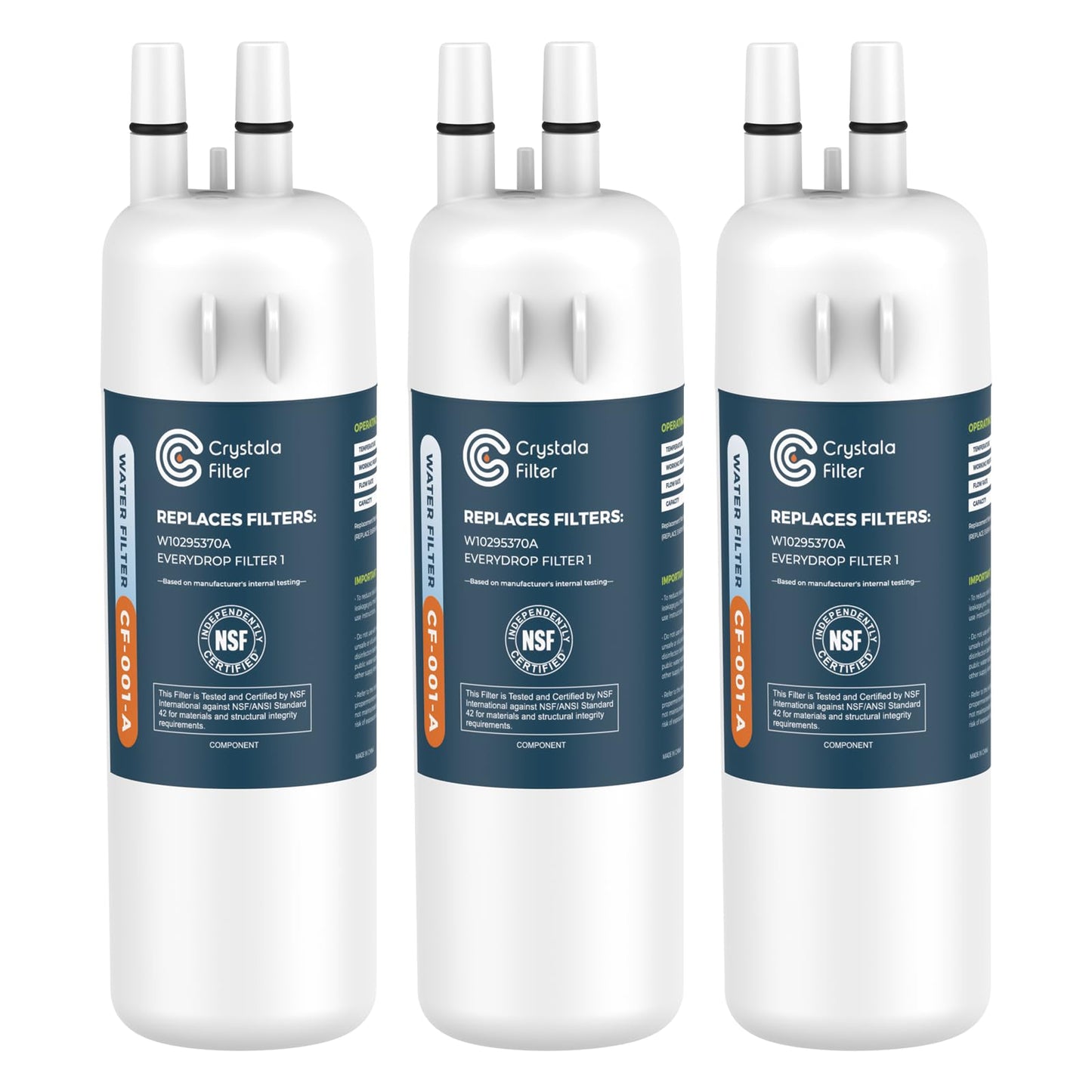Crystala Filters Refrigerator Water Filter Compatible with W10295370A, EDR1RXD1, Filter 1, W10295370, P4RFWB, P8RFWB2L, 46-9930, 46-9081 Refrigerator Water Filter | Pack of 3