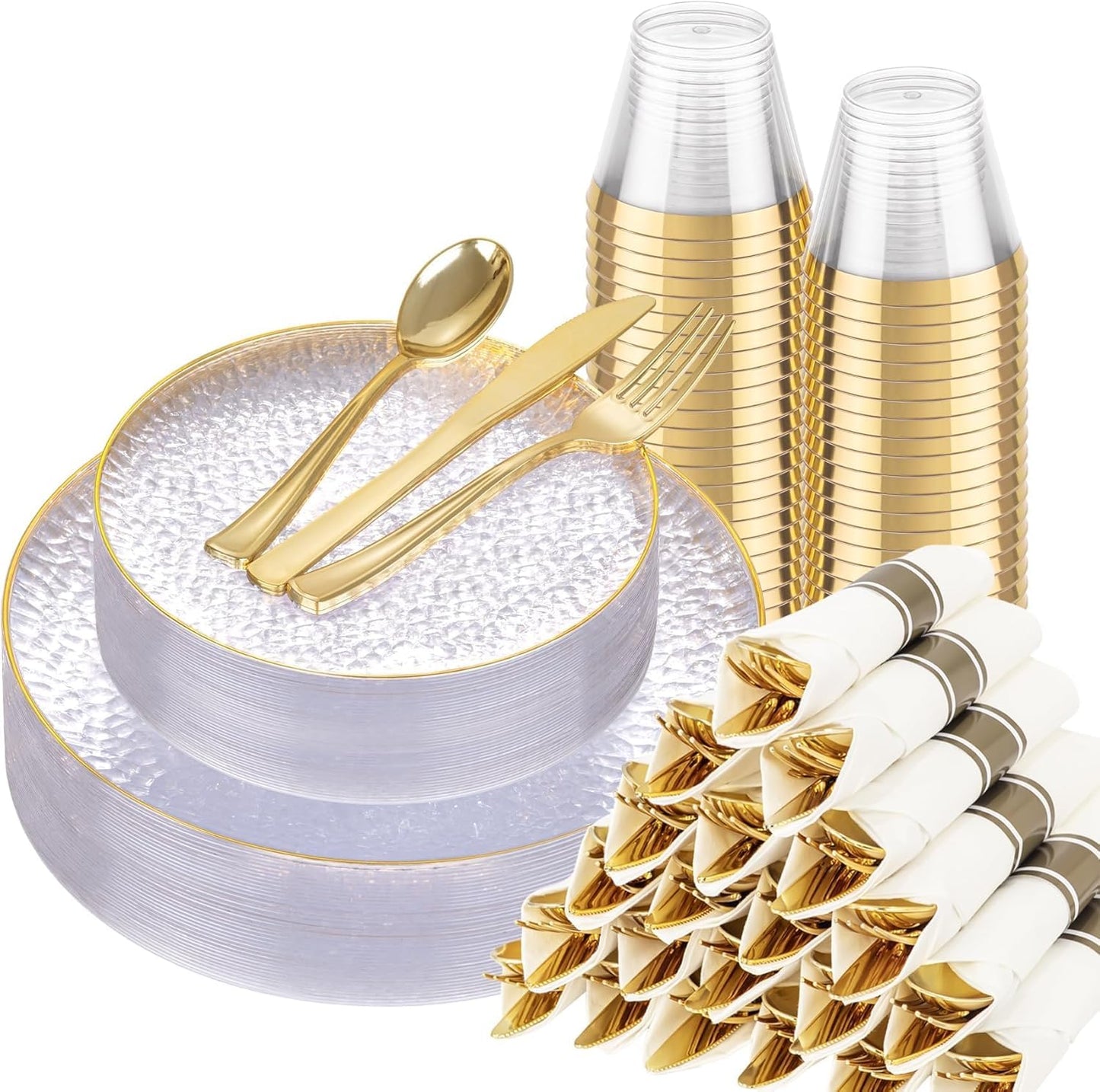 Hioasis 175pcs Clear Gold Plastic Plates - Clear Plastic Dinnerware Set Includes 25 Dinner Plate, 25 Dessert Plate, 25 Cups, 25 Napkins Perfect for Wedding & Party & Wedding