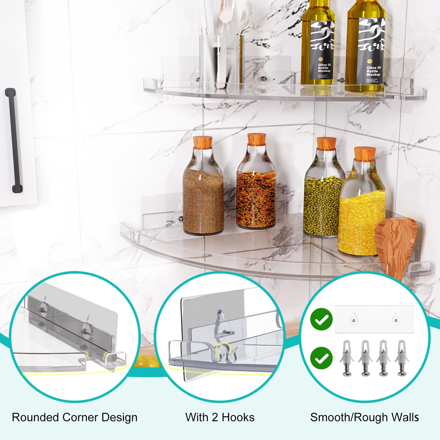 YAWSOUP Acrylic Corner Shower Shelves, Adhesive Shower Caddy Organizer for Bathroom Storage Home Decor, Clear Rustproof No Drilling Wall Shelf, 2-Pack