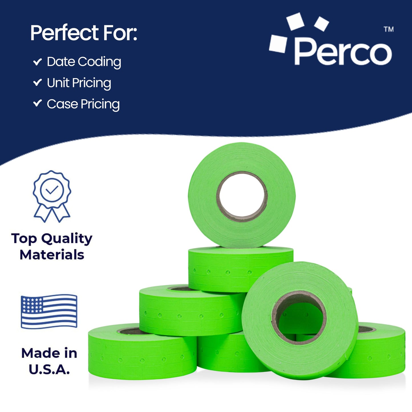 Perco 1 Line Fluorescent Green Labels - 8 Rolls, 1 Sleeve, 8,000 Blank Price and Date Gun Labels for Perco 1 Line Price and Date Guns - Made in USA