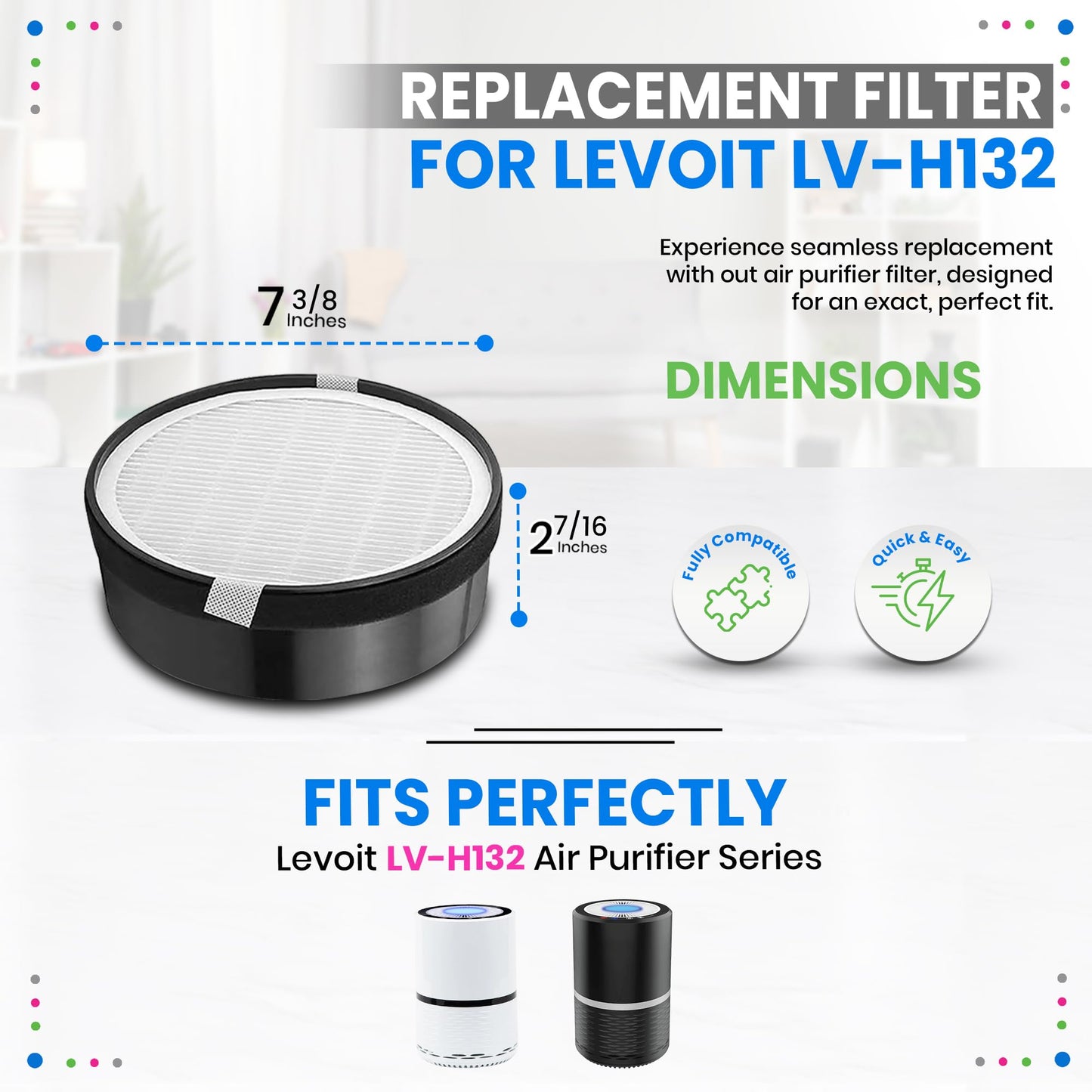 Bagean LV-H132 Replacement Filter for Levoit Air Purifier Compatible with Levoit Replacement Filter - Certified H13 True HEPA with Activated Carbon Filters 99.97% of Particles and Purifies Air (4-Pk)