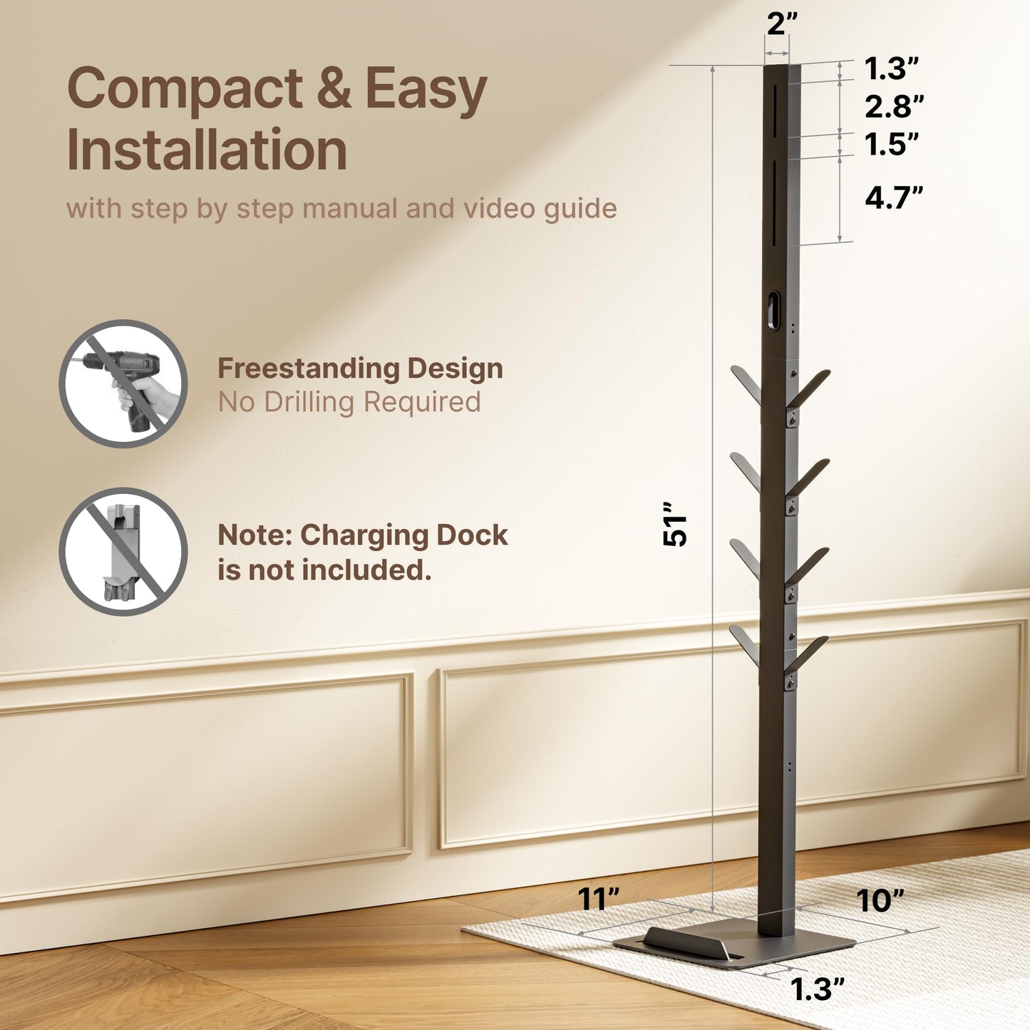 PEGZONE Vacuum Stand Compatible with Dyson G5 V15 V12 V11 V10 V9 V8 V7, S11 A10 A11, NEC180 280TL, Cordless Vacuum Holder with 8 Storage Hooks, Accessories & Attachments Organizer, Black