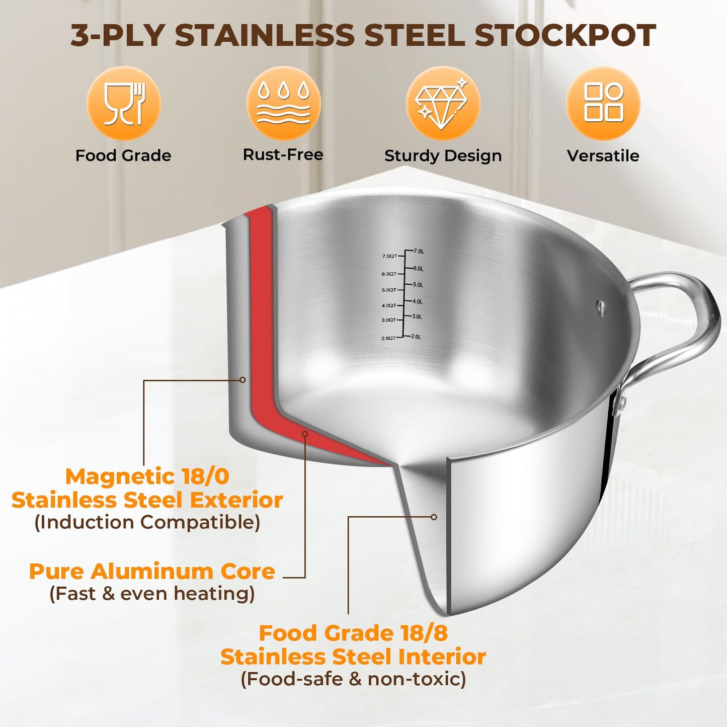 Tri-Ply Stainless Steel Stock Pot, 12 Quart Heavy Duty Induction Cooking Pot with Visible Lid for Pasta, Soup, Spaghetti, Sturdy & Double Handle, Dishwasher Safe