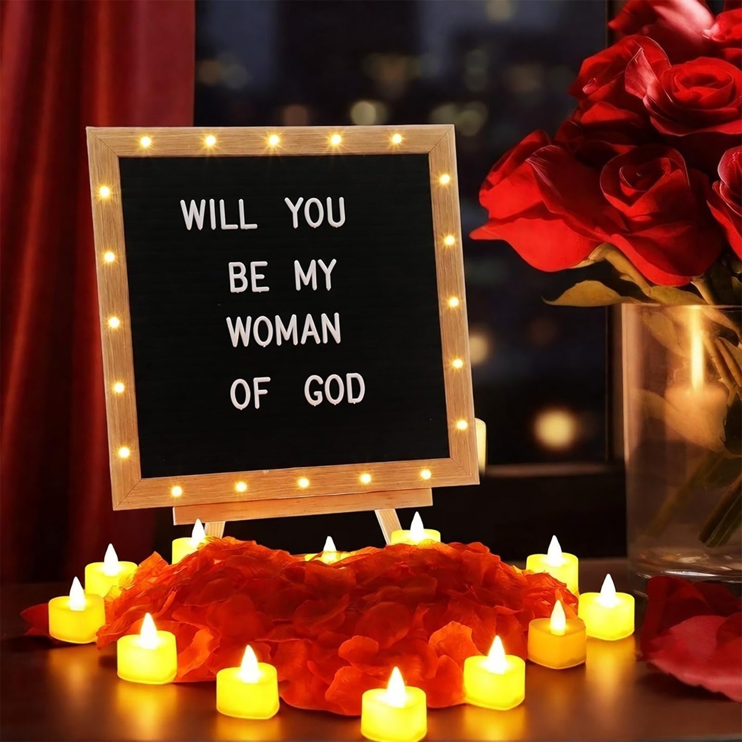 Ceenna Will You Be My Girlfriend Romantic Sign with LED Candles and Artificial Rose Petals Valentine's Day DIY Felt Letter Wood Board Sign with Lights for Valentine's Day Anniversary Party(Black)