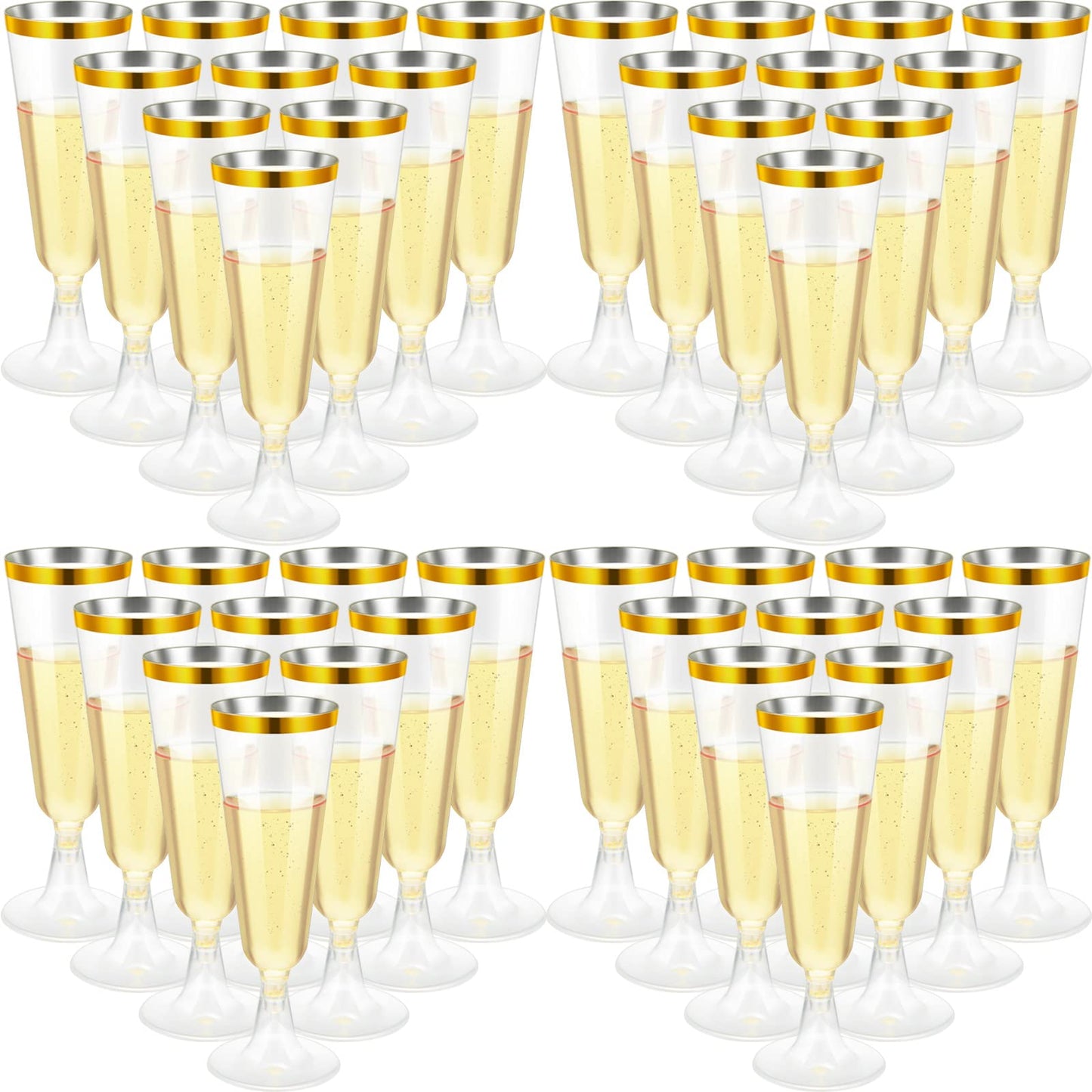 CHENGU 150 Pcs Champagne Flutes 5 Oz Plastic Disposable Champagne Flutes Crystal Wine Glasses Reusable Plastic Cocktail Cups for Wedding Celebration Toasting Drinking (Gold,Classic)