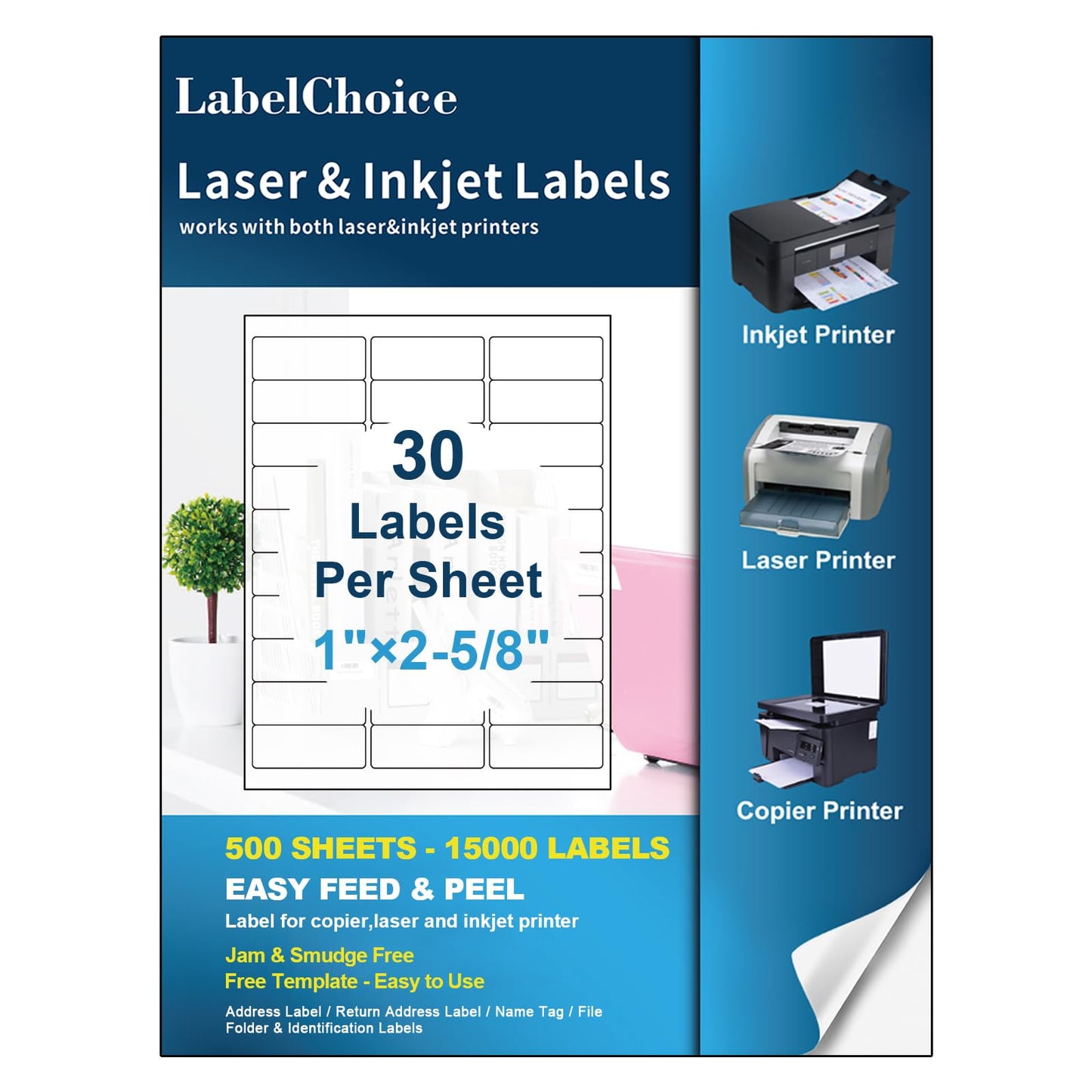 Labelchoice 500 Sheets 15000 Pcs 30 Up Labels 1" x2-5/8 Shipping Address Labels for Laser & Inkjet Printers, Mailing Labels 30 per Sheet Return Address Stickers, 30 per Page on US Letter