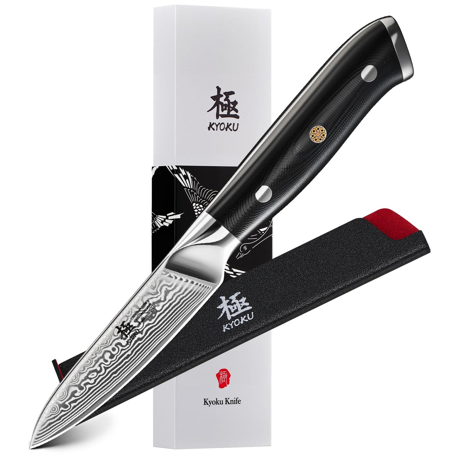 KYOKU Paring Knife - 3.5" - Shogun Series - Japanese Style VG10 Steel Core Damascus Blade - with Sheath & Case