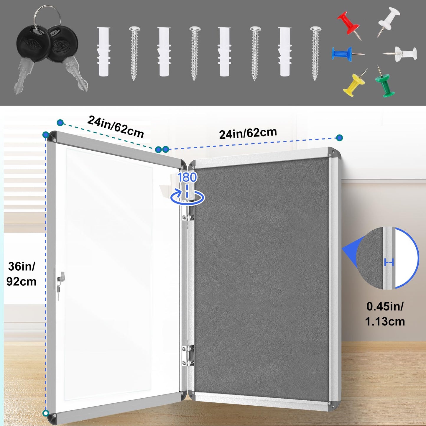 Magula Enclosed Bulletin Board Tamper-Proof Dispaly Case, Aluminium Frame, Shatter Resistant Lockable Bulletin Board, Lockable Noticeboard(24"x18")