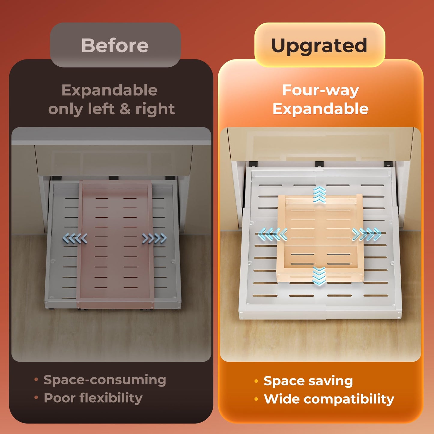 1 Pack Pull Out Cabinet Organizer, Slide Out Drawer Expandable Width (12"-19") and Depth (17"-23") With 3 Slides, Fixed with Adhesive Film and Nail for Cabinets in Kitchen, Pantry or Bathroom