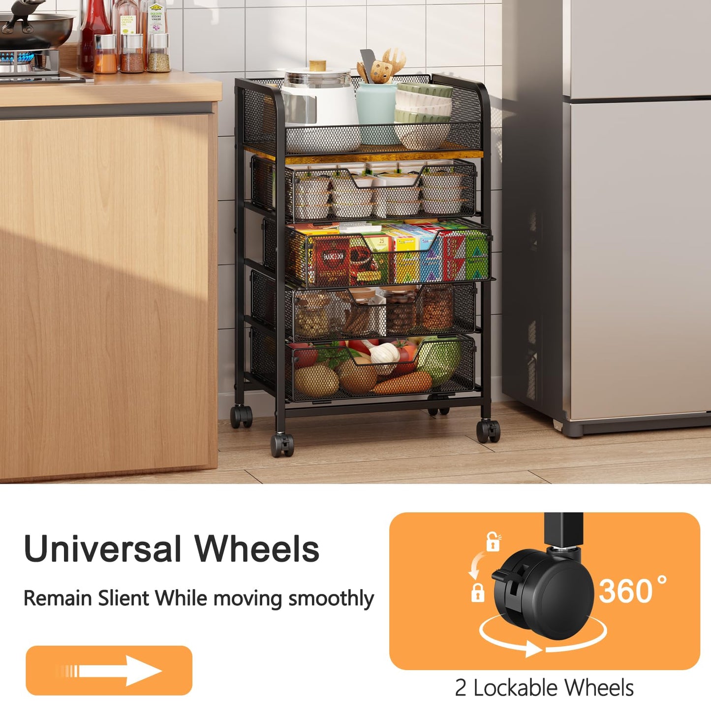 LUMAMU 5-Tier Rolling Kitchen Cart with Drawers - Kitchen Storage Cart on Wheels,Pantry Snack Cart,Fruit and Vegetable Storage Cart with Wood Top,Rolling Utility Cart for Potato and Onion Storage