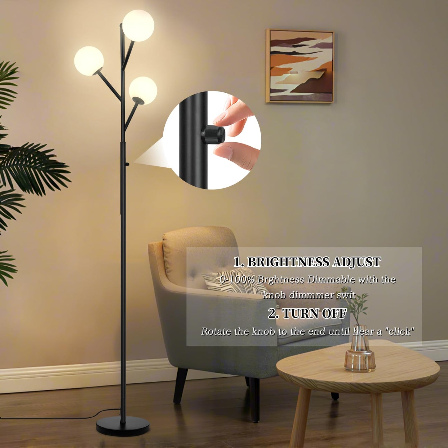 Ldeco 3-Globe Mid Century Black Tree Floor Lamp for Living Room,70in Tall Modern Stepless Dimmable Standing Lamp with Frosted Glass Shade for Office Bedroom, Study Room Bulbs Included(dimmer-Black)