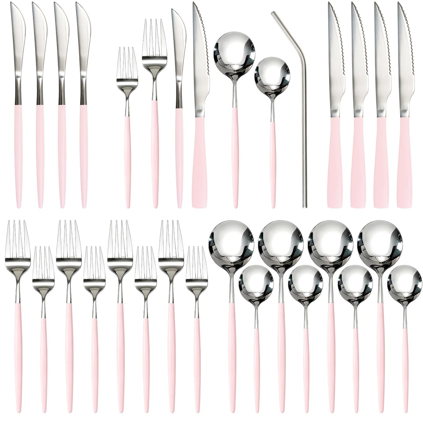 Astercook Silverware Set with Steak Knives 24-Piece Flatware Set for 4 Food-Grade Stainless Steel Pink Cutlery Set Mirror Polished Utensils Set Include Spoons and Forks for Home Kitchen Restaurant