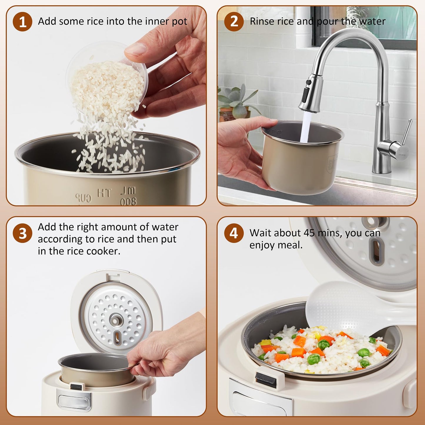 Mini Rice Cooker, Small Rice Cooker 2 Cup Uncooked(4 Cup Cooked), Portable Non-stick Electric Rice Maker, for Dorm Travel Office 1-2 Person, 12 Hours Timer Delay & Keep Warm, Beige