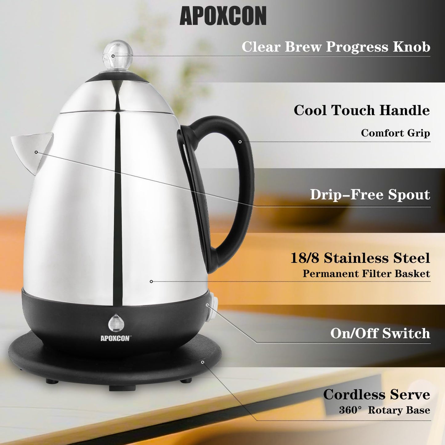 APOXCON Electric Coffee Percolator, Stainless Steel, with Clear Brew Progress Knob, No-Drip Spout, Auto Keep Warm, Cordless Serving, 10 Cup, Silver