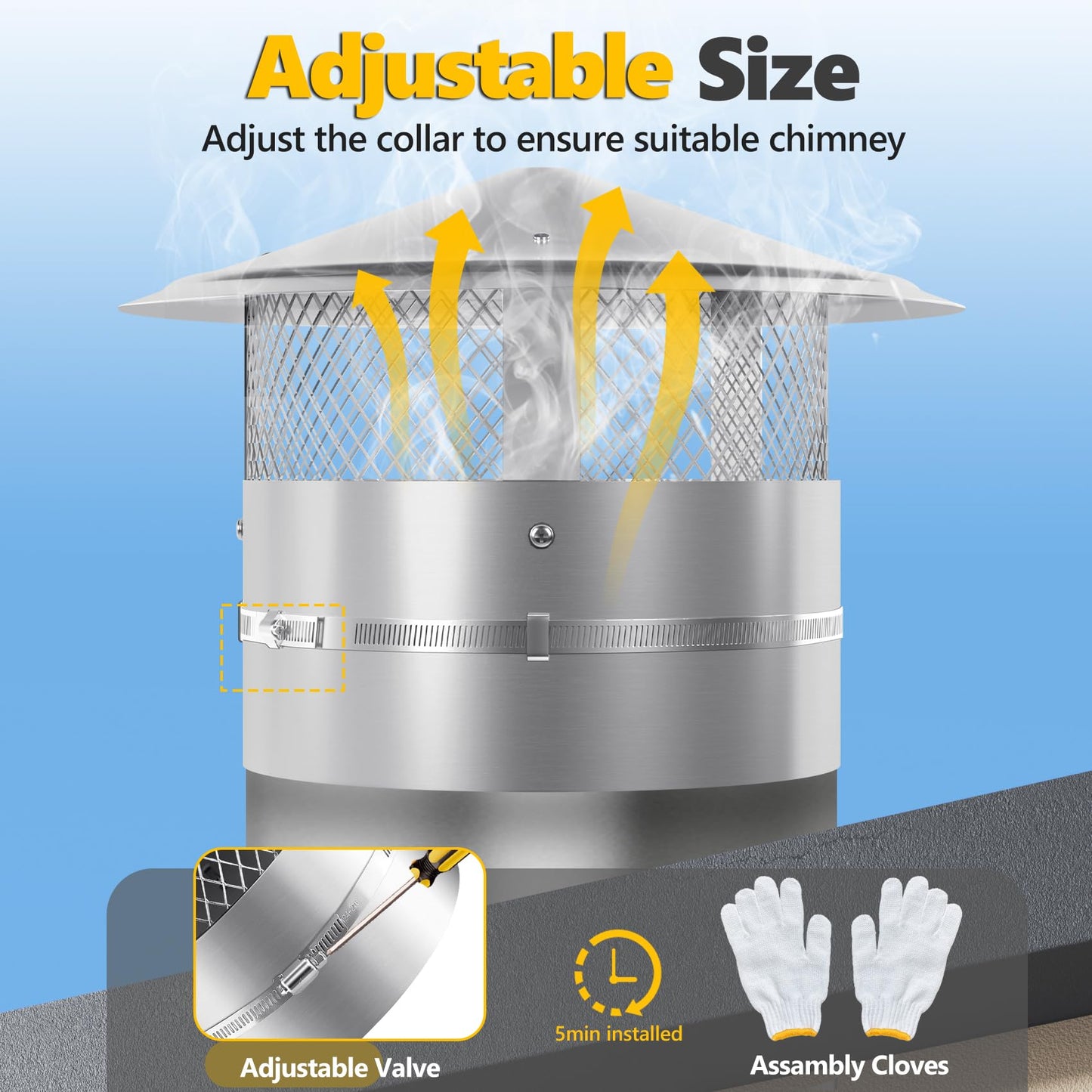 8 Inch Chimney Cap, 8" Stainless Steel Cone Top Chimney Cap with Screen, Adjustable and Reinforced Round Chimney Cap, Chimney Cover for Vents,Rain Cap for All-Round Chimney,8 Inch Round Chimney Cap