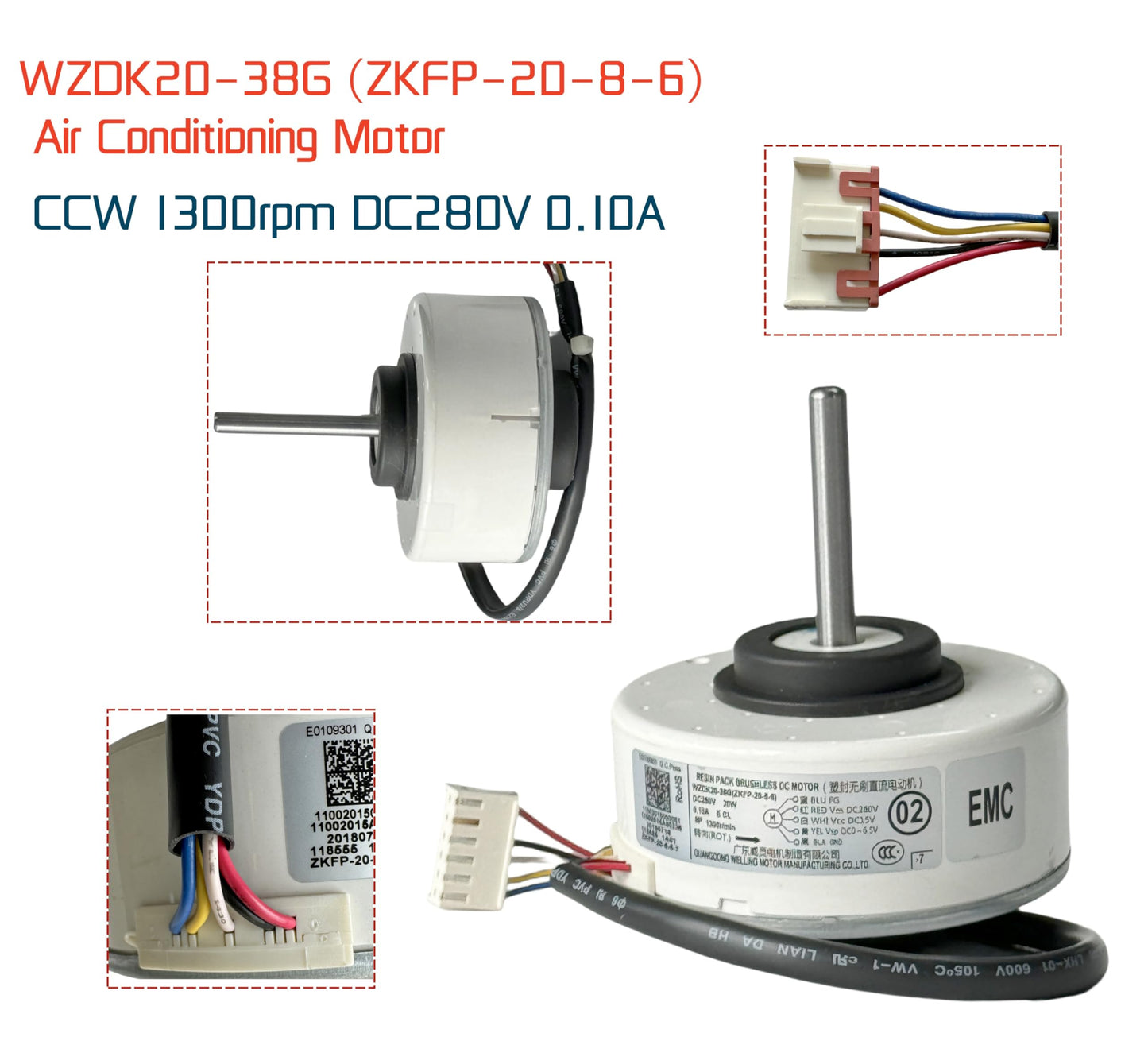 Air Conditioning Motor WZDK20-38G (ZKFP-20-8-6) OEM DC Brushless Fan Motor, 20W Inverter Air Conditioner Brushless DC Motor for Central air Conditioner, CCW 1300rpm DC280V 0.10A