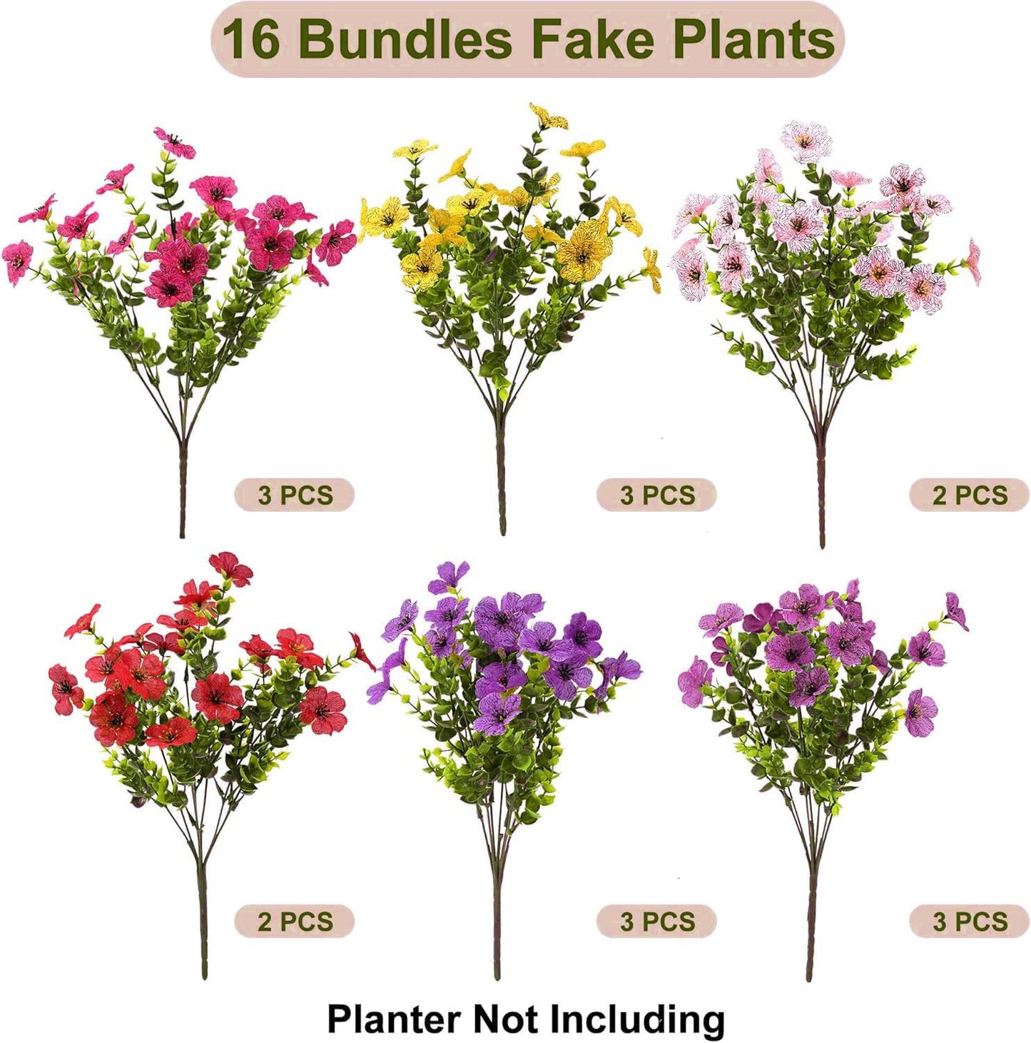 UJROQI Artificial Violet Flowers Outdoor UV Resistant, 16-Stem Multi Pack Faux Purple Blooms for Front Porch, Patio, Garden & Large Planters, Fade Resistant Silk Fake Flowers (16, Mix Colors)