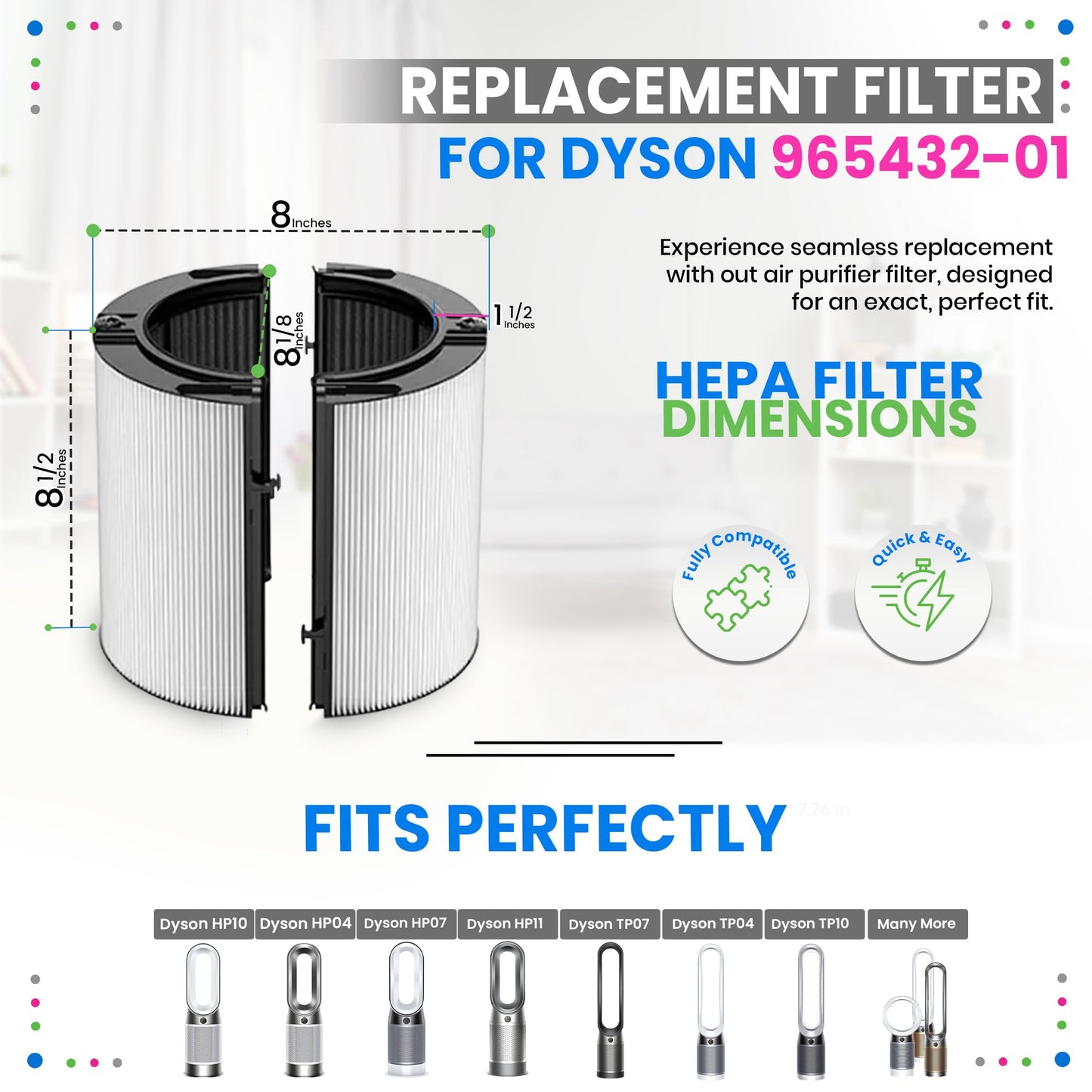 Bagean 360 Combi Glass HEPA Filters Compatible with Dyson Air Purifier Filter TP07 HP07 TP10 HP10 Pure Cool Hot Fan Dyson Filter Replacement - H13 True HEPA and Carbon Purifies 99.98% Particles (1-Pk)