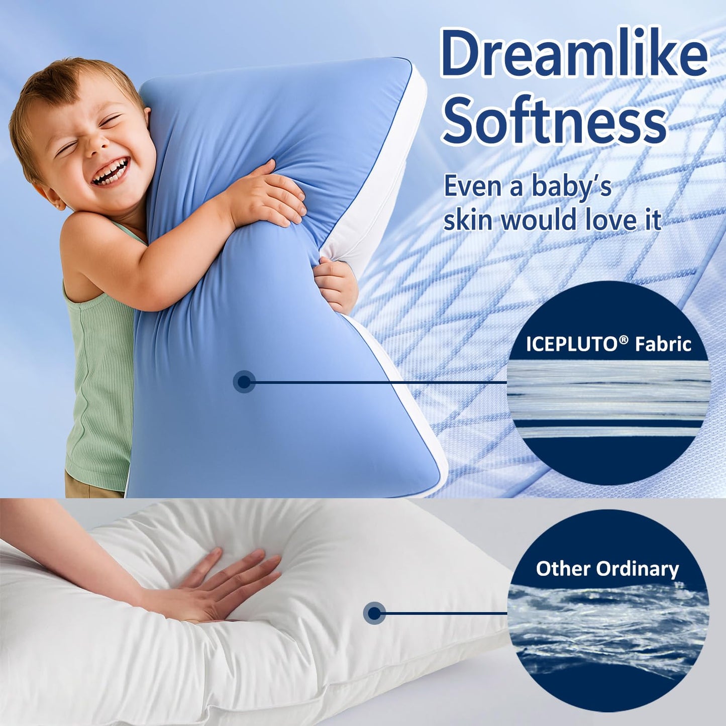 MEELUS Silky Soft Pillows Queen Size Set of 2, Luxury Hotel Down Alternative Bed Pillows 2 Pack for Side Back Stomach Sleepers, Gusseted Supportive, Machine Washable, Cooling Blue, 20" x 30"