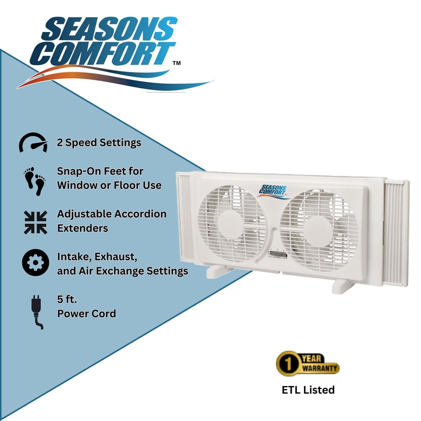Seasons Comfort Twin Window Fan, Reversible Airflow Control, 9 Inch, 2 Speeds, Expandable, Exhaust, Dual Fan - Ideal for Home, Kitchen, Bedroom & Office