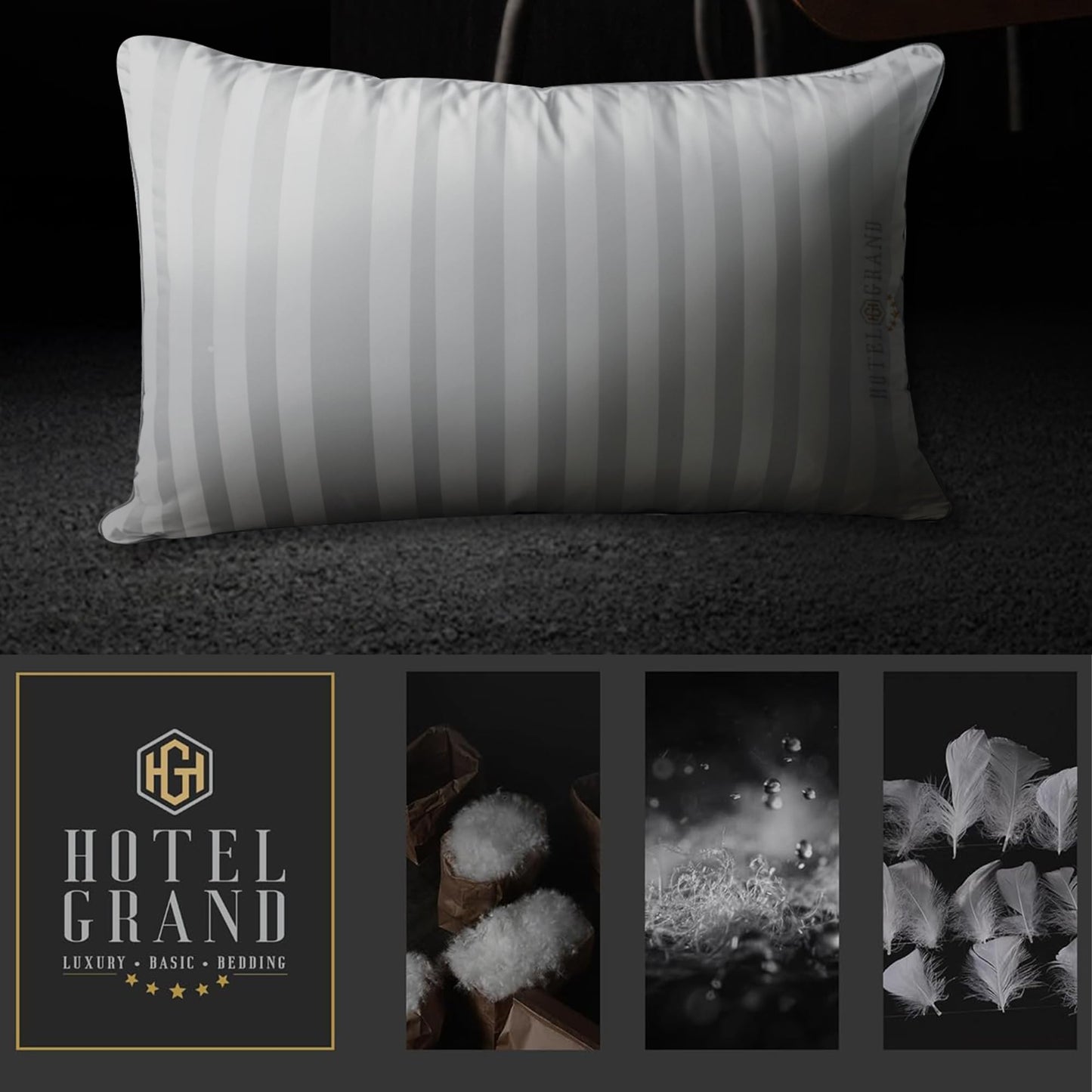 Hotel Grand Bed Pillows Standard Size Set of 2 Packs - 500 Thread Count 100% Cotton Medium Firm Hypoallergenic Feather Down Pillows Machine Washable Pillow for Back, Stomach or Side Sleepers, 20"x26"
