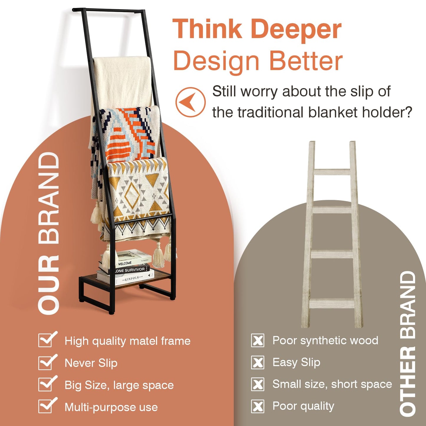 DGWJSU Blanket Ladder, 5 Tier Ladder Shelf,Wooden Blanket Ladders for Living Room and Bedroom, 5.2ft Blanket Holder Rack Farmhouse Ladder Rack for Storage and Home Decor, Rustic Brown and Black