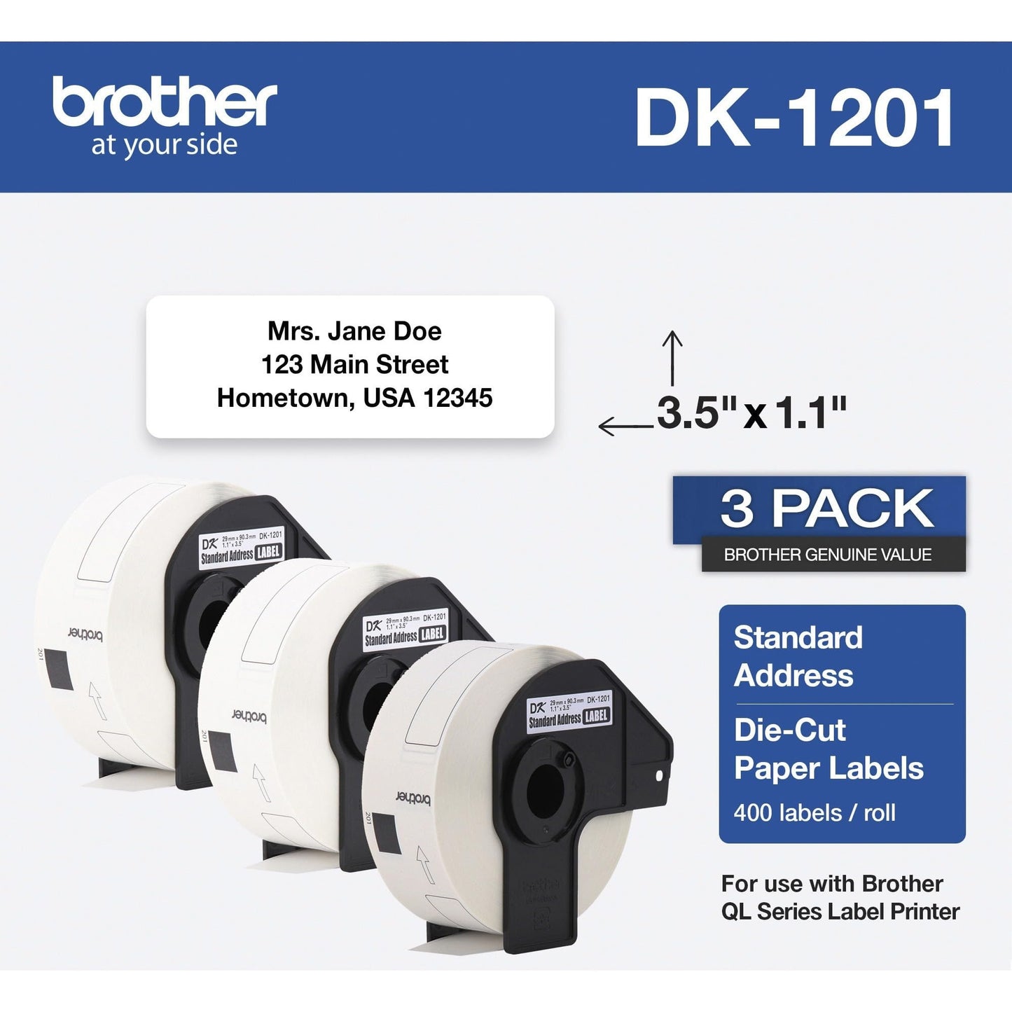 Brother Printer Genuine Die-Cut Standard Rolled Address Labels QL Printer, (DK12013PK), 3 Pack Roll