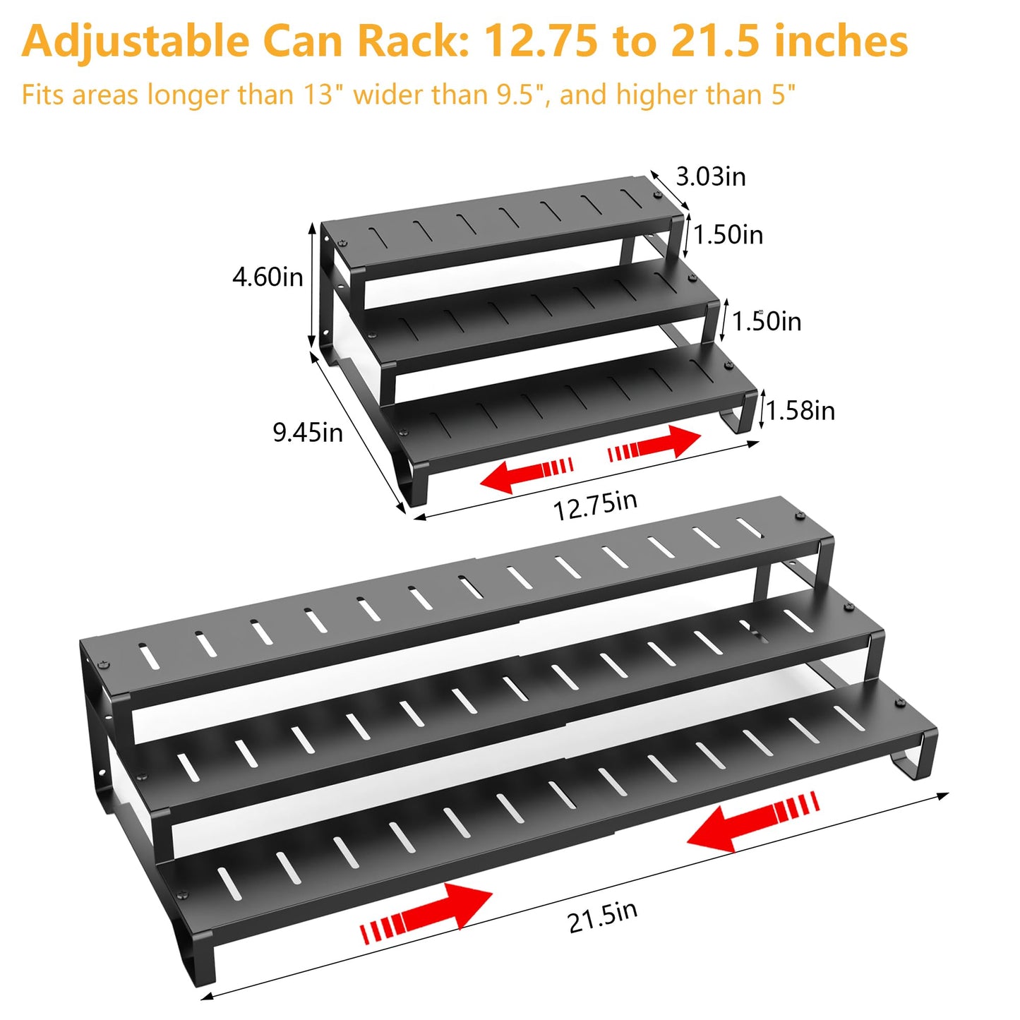 3 Tier Expandable Can Rack Organizer for Pantry, Adjustable 13"-21" Metal Soda Can Organizer, Pantry Organization Canned Food Storage Holder for Kitchen Cabinet Countertop, Black 1Pack