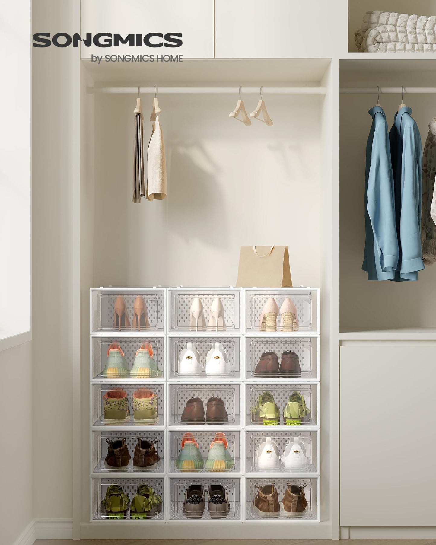 SONGMICS Shoe Boxes, Pack of 15 Shoe Storage Organizers, Stackable Clear Plastic Boxes for Closet, Sneakers, 13.1 x 9.1 x 5.6 Inches, Transparent and White ULSP015W02