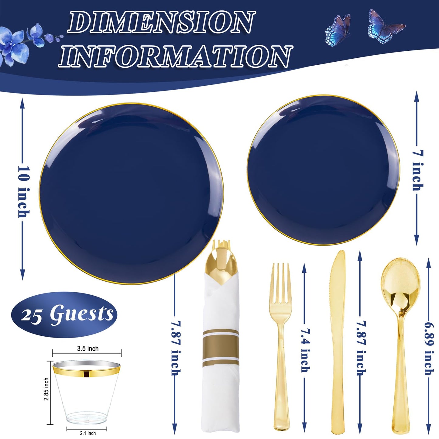 KIRE 175Pcs Blue Plastic Plates - Navy Blue Plates Disposable - 25 for Dinner 25 for Dessert 25 Pre Rolled Napkins with Gold Plastic Silverware and 25 Cups for Memorial Day/Graduation/Father's Day