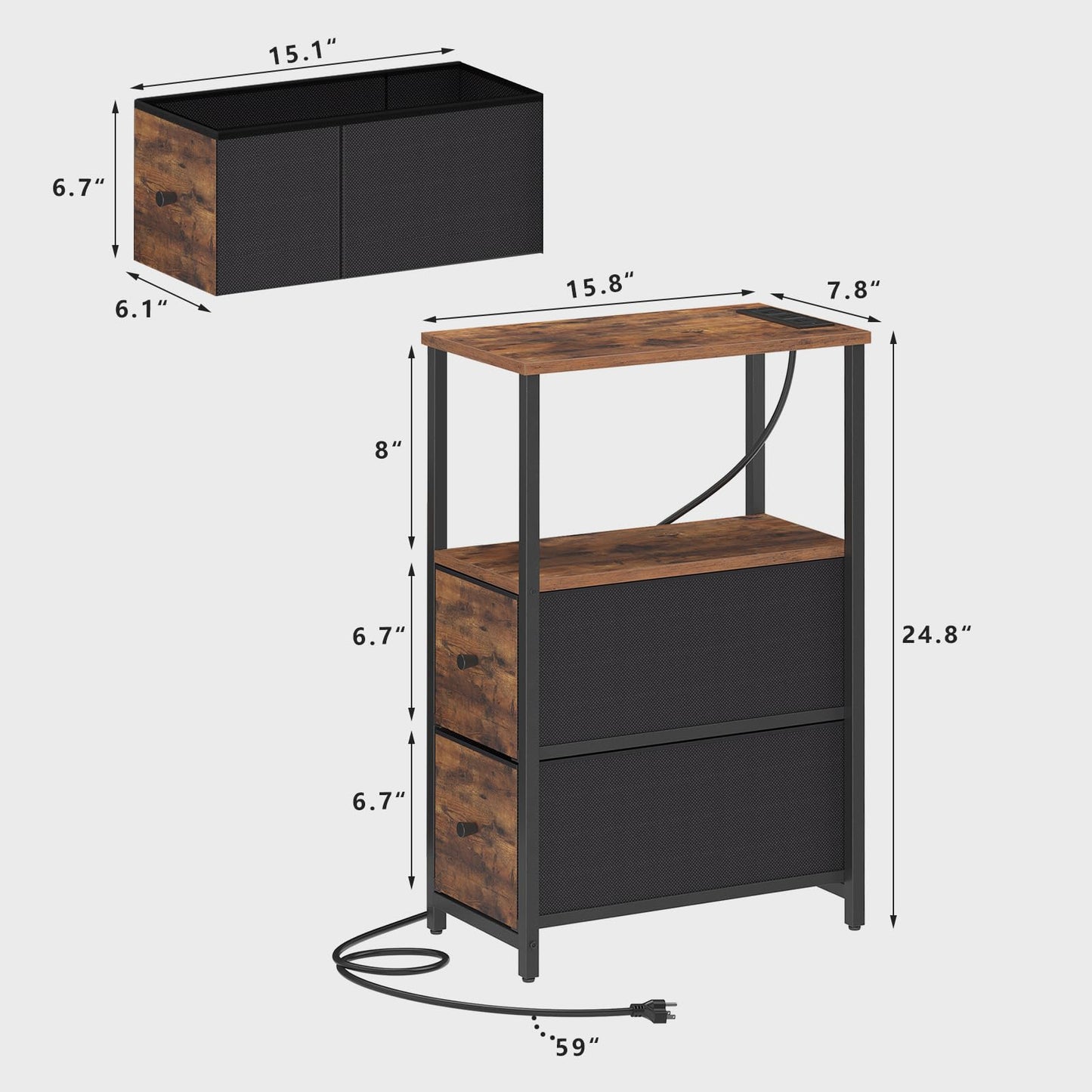 TUTOTAK Small Narrow End Table with Charging Station, Set of 2, Side Table with Outlets, Nightstand with 2 Cloth Drawers, Couch Table, for Living Room, Bedroom, Bedside, Brown TB01BB055