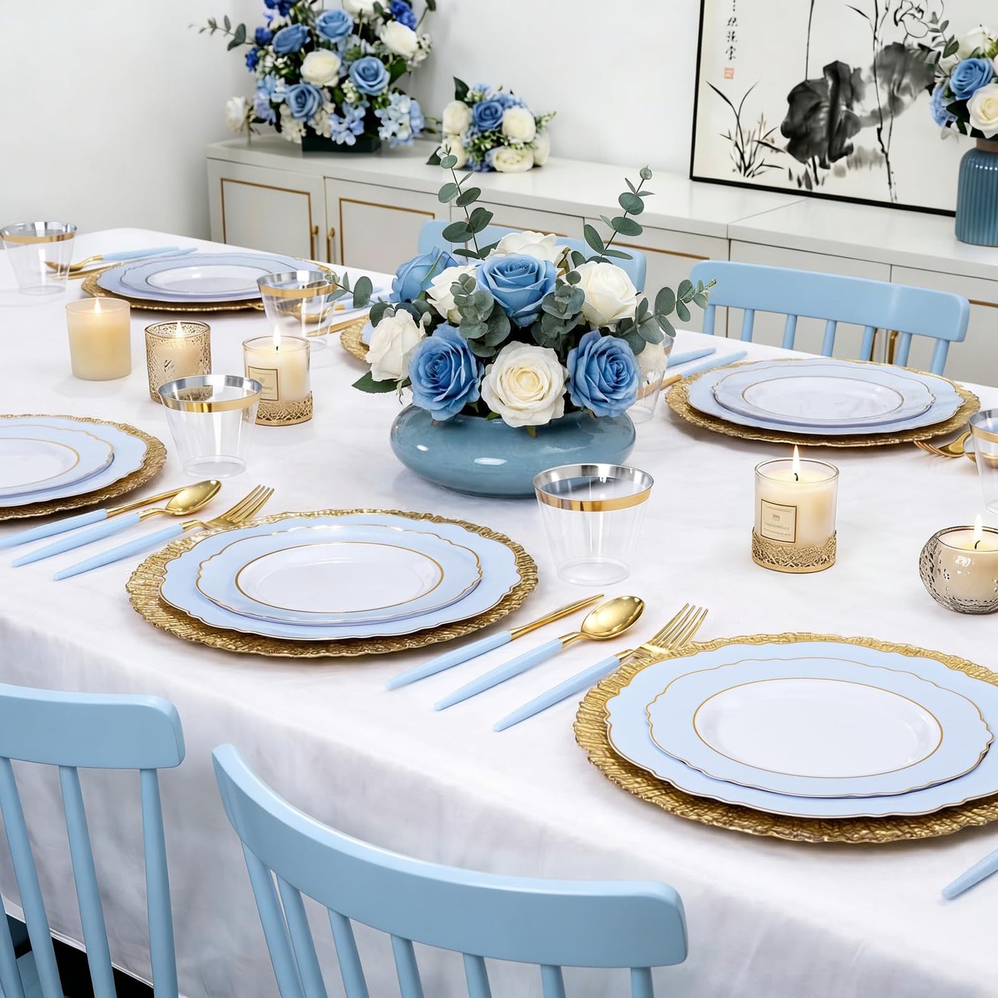 WDF 150pieces Baby Blue Plastic Plates with Gold Rim - Disposable Gold Plastic Silverware With Blue Handle-Baroque Light Blue&Gold Disposable Plates Dinnerware for Wedding/Party/Baby Shower