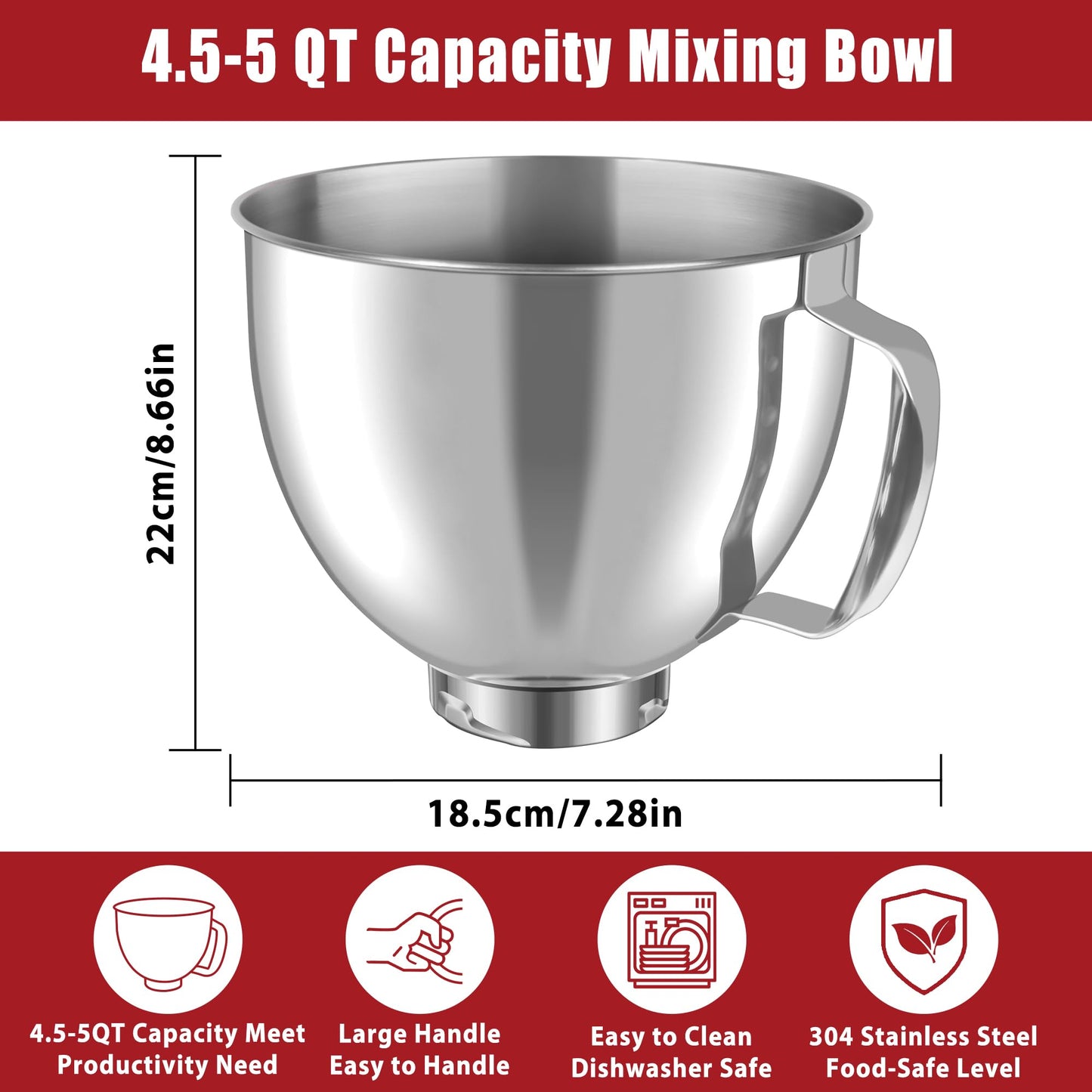 Stainless Steel Mixing Bowl for KitchenAid 4.5-5 Quart Tilt-Head Mixers, Stand Mixer Accessories, Replacement 5 QT Mixing Bowl with Handle